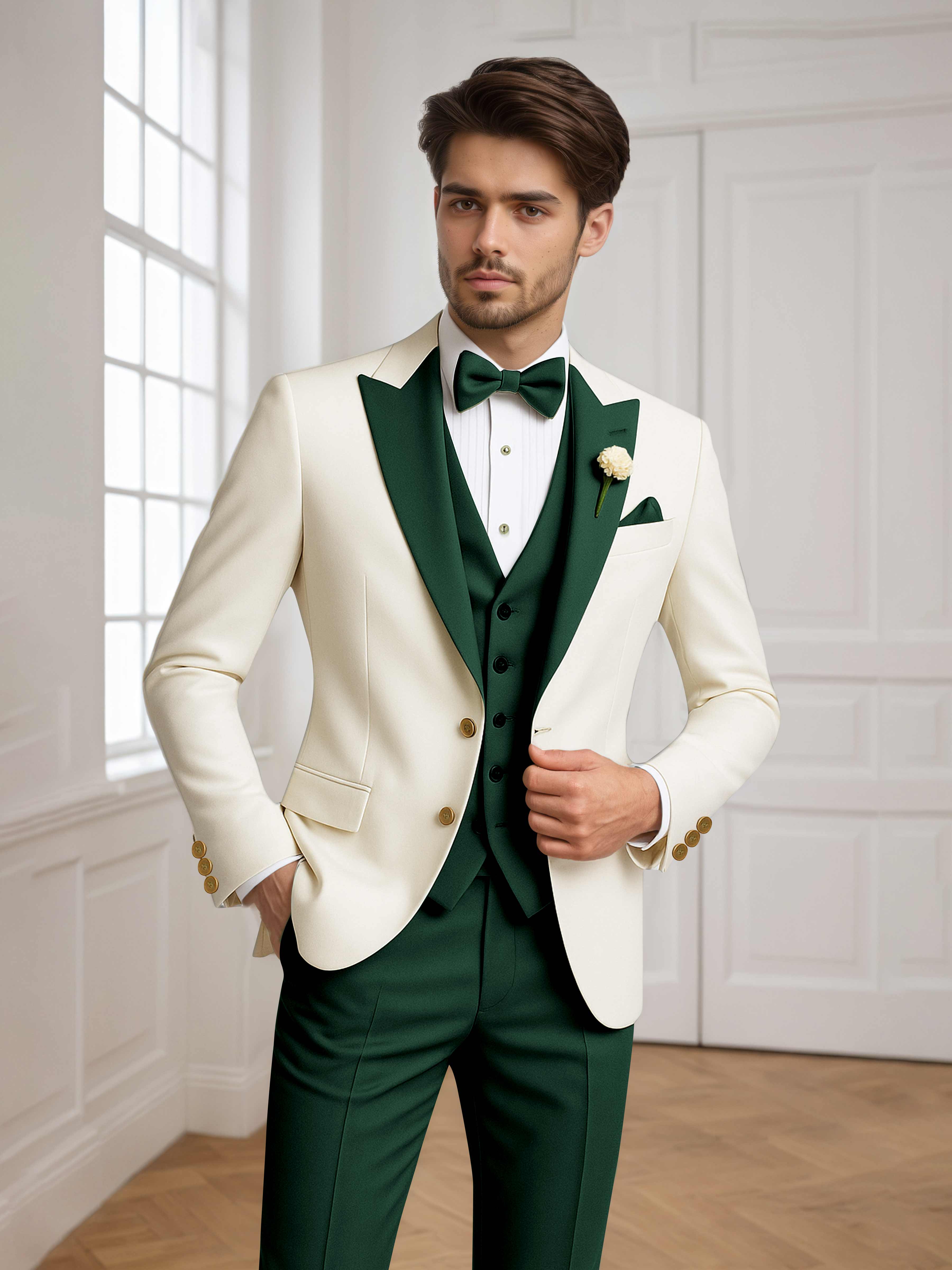 Two Tone Peak Lapel Men's 3 Pieces Wedding Suit for Groom & Events