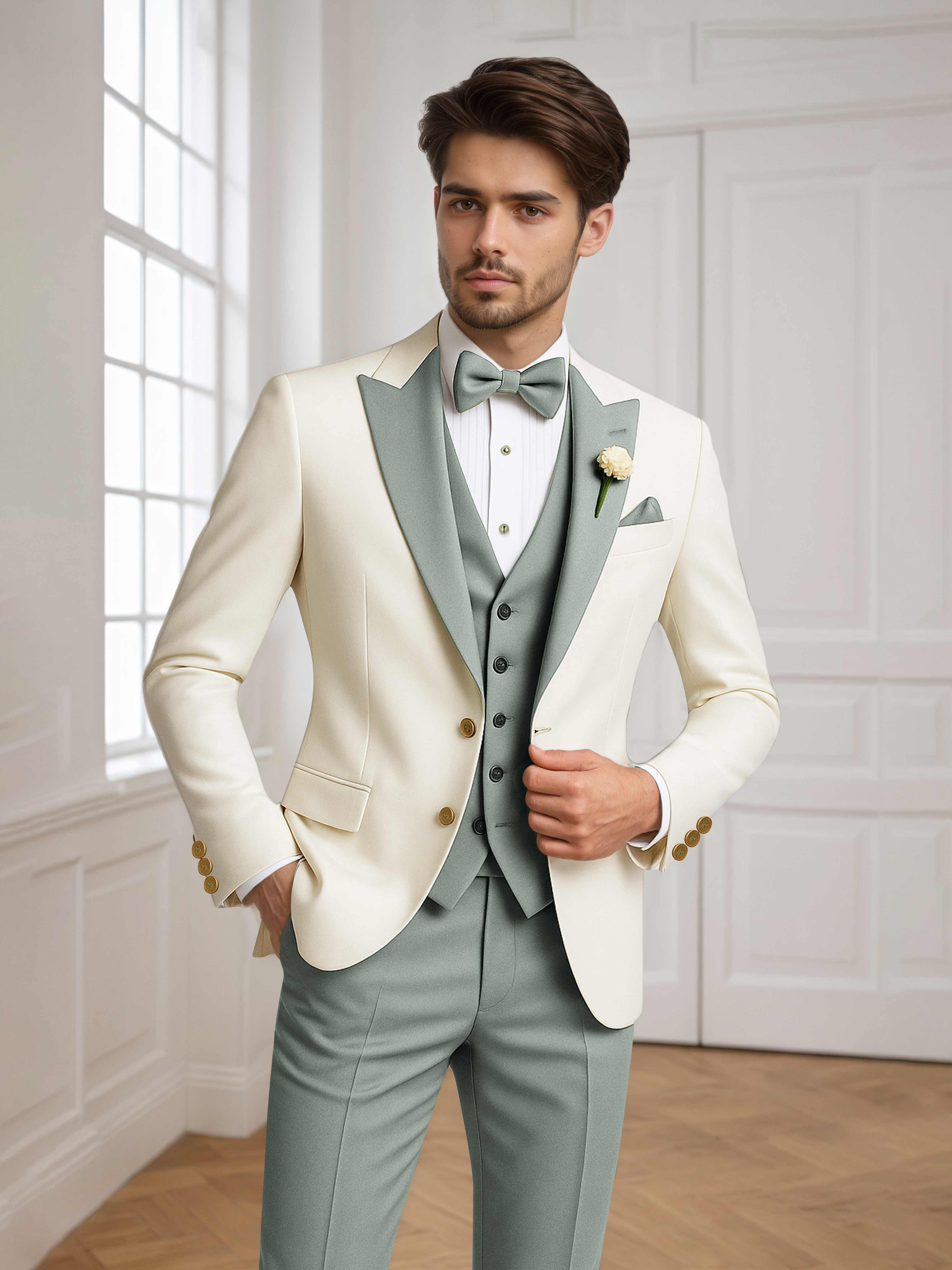 Two Tone Peak Lapel Men's 3 Pieces Wedding Suit for Groom & Events