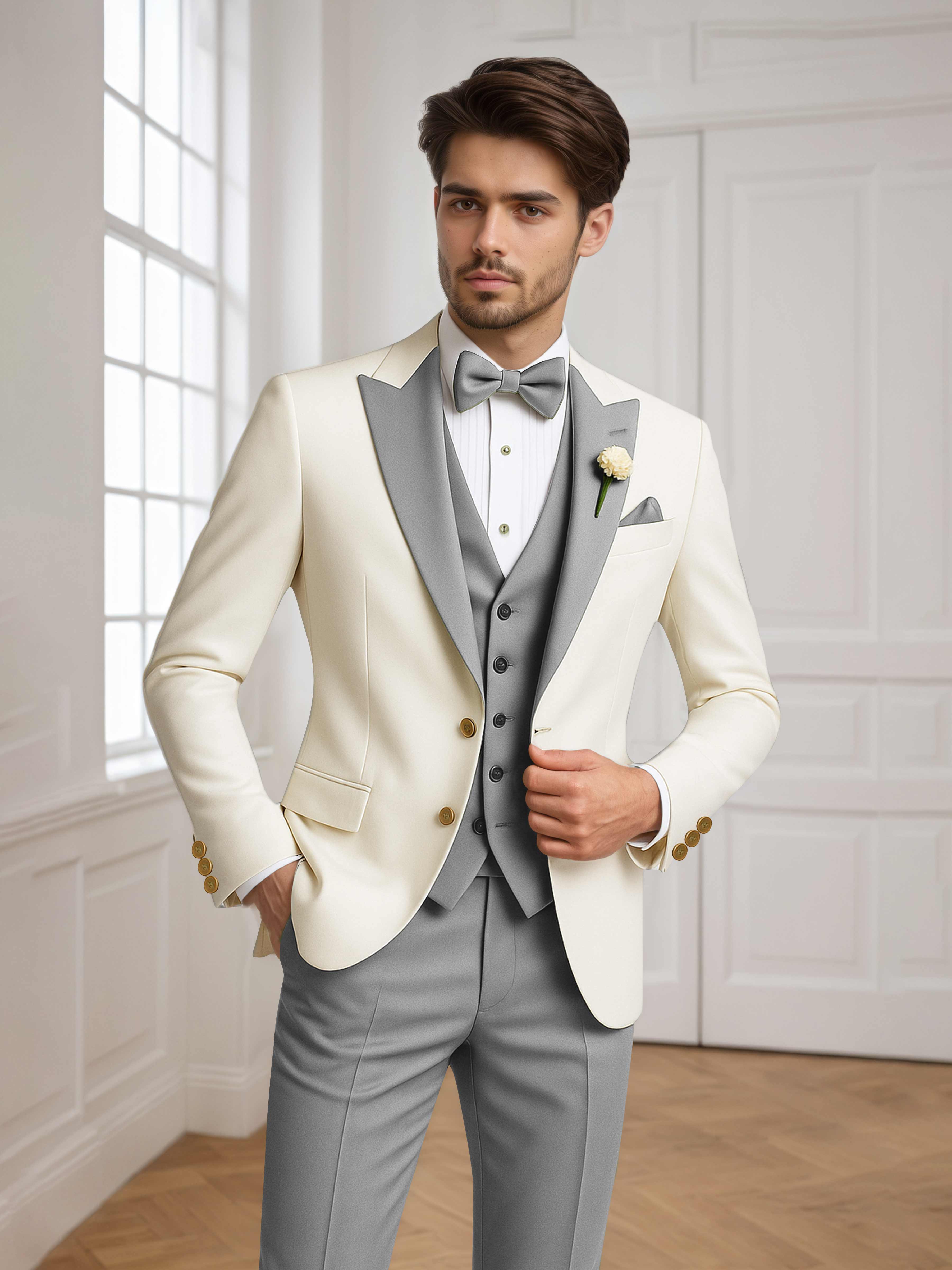 Two Tone Peak Lapel Men's 3 Pieces Wedding Suit for Groom & Events