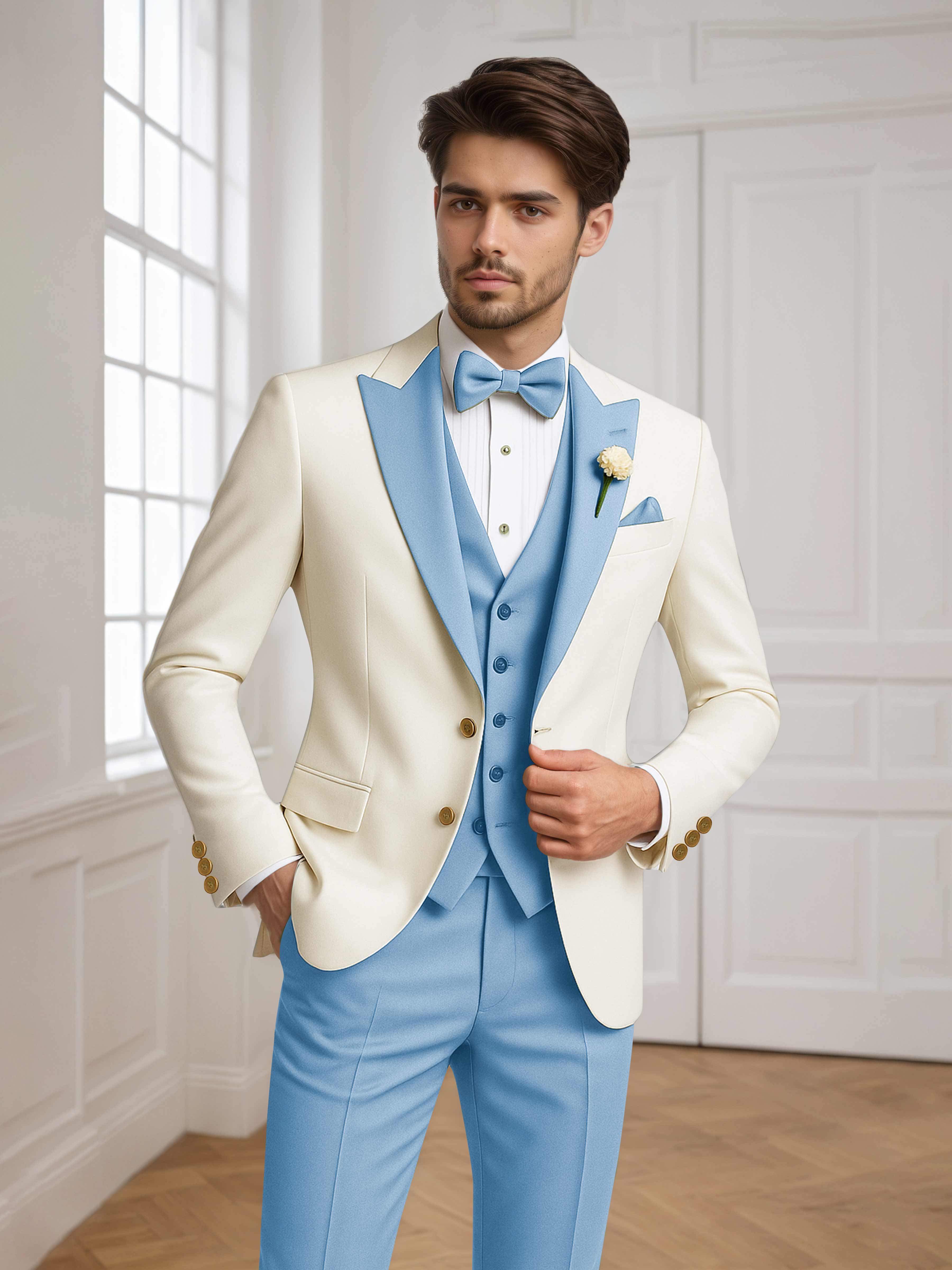 Two Tone Peak Lapel Men's 3 Pieces Wedding Suit for Groom & Events