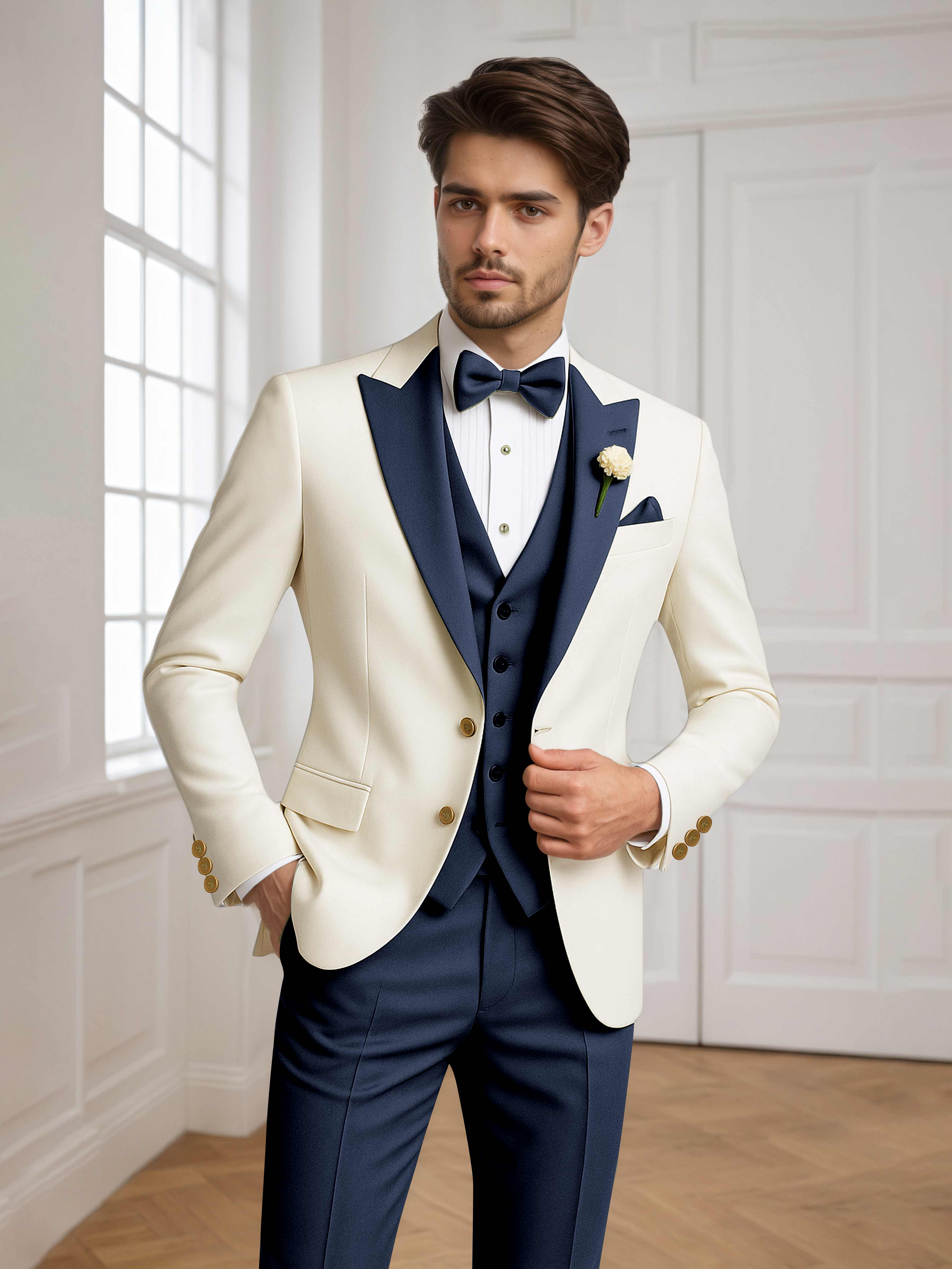 Two Tone Peak Lapel Men's 3 Pieces Wedding Suit for Groom & Events