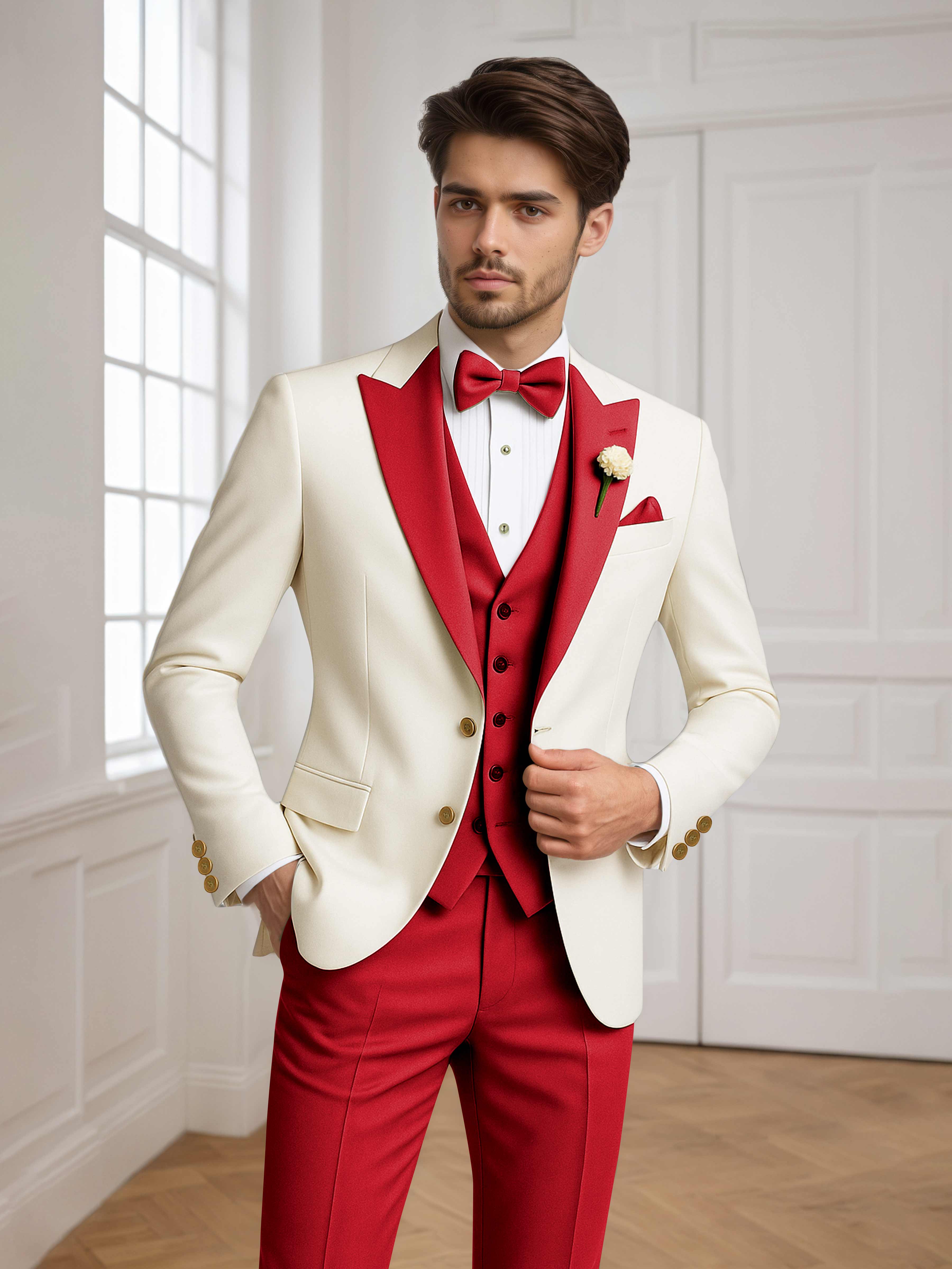 Two Tone Peak Lapel Men's 3 Pieces Wedding Suit for Groom & Events