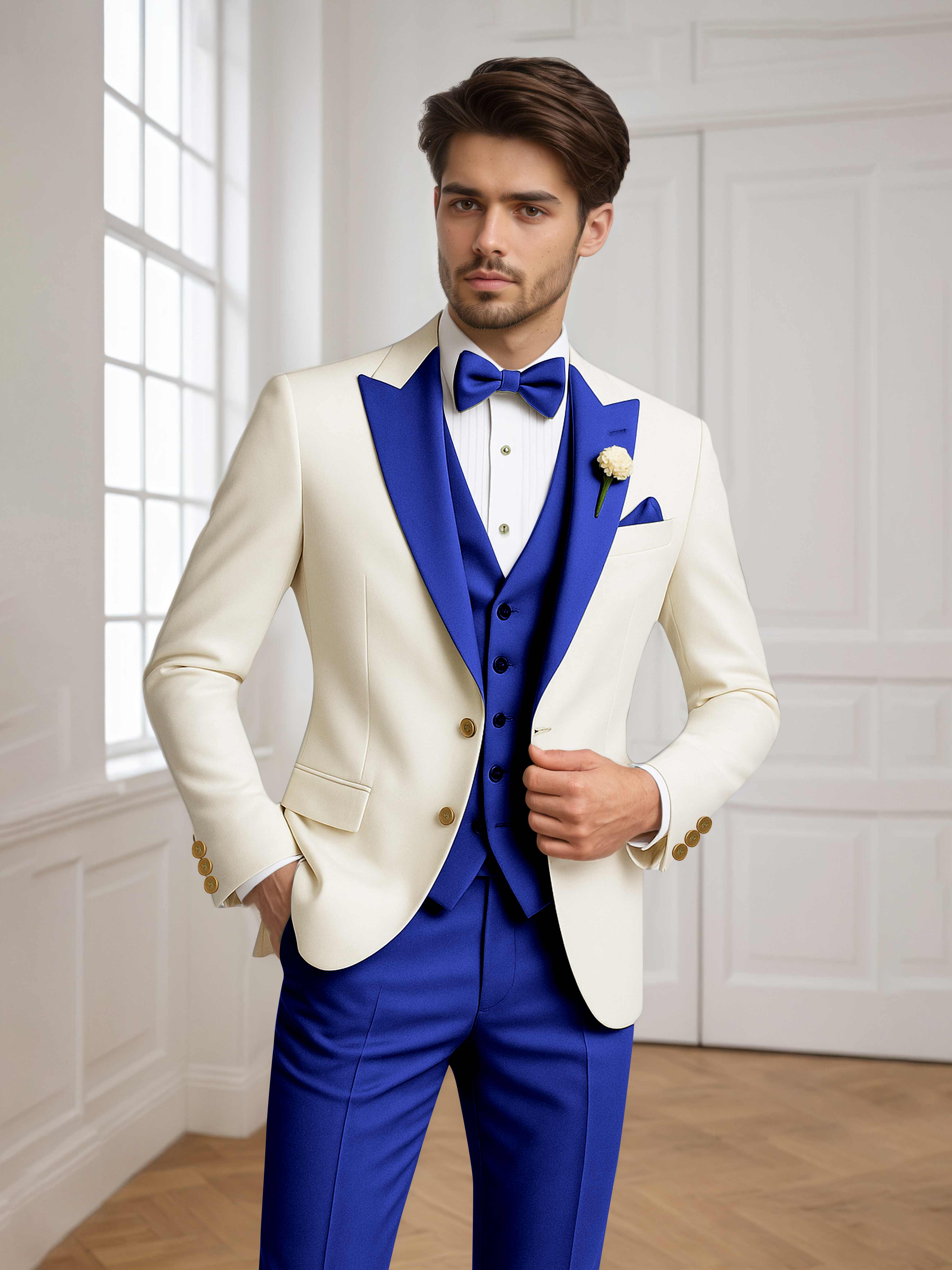 Two Tone Peak Lapel Men's 3 Pieces Wedding Suit for Groom & Events