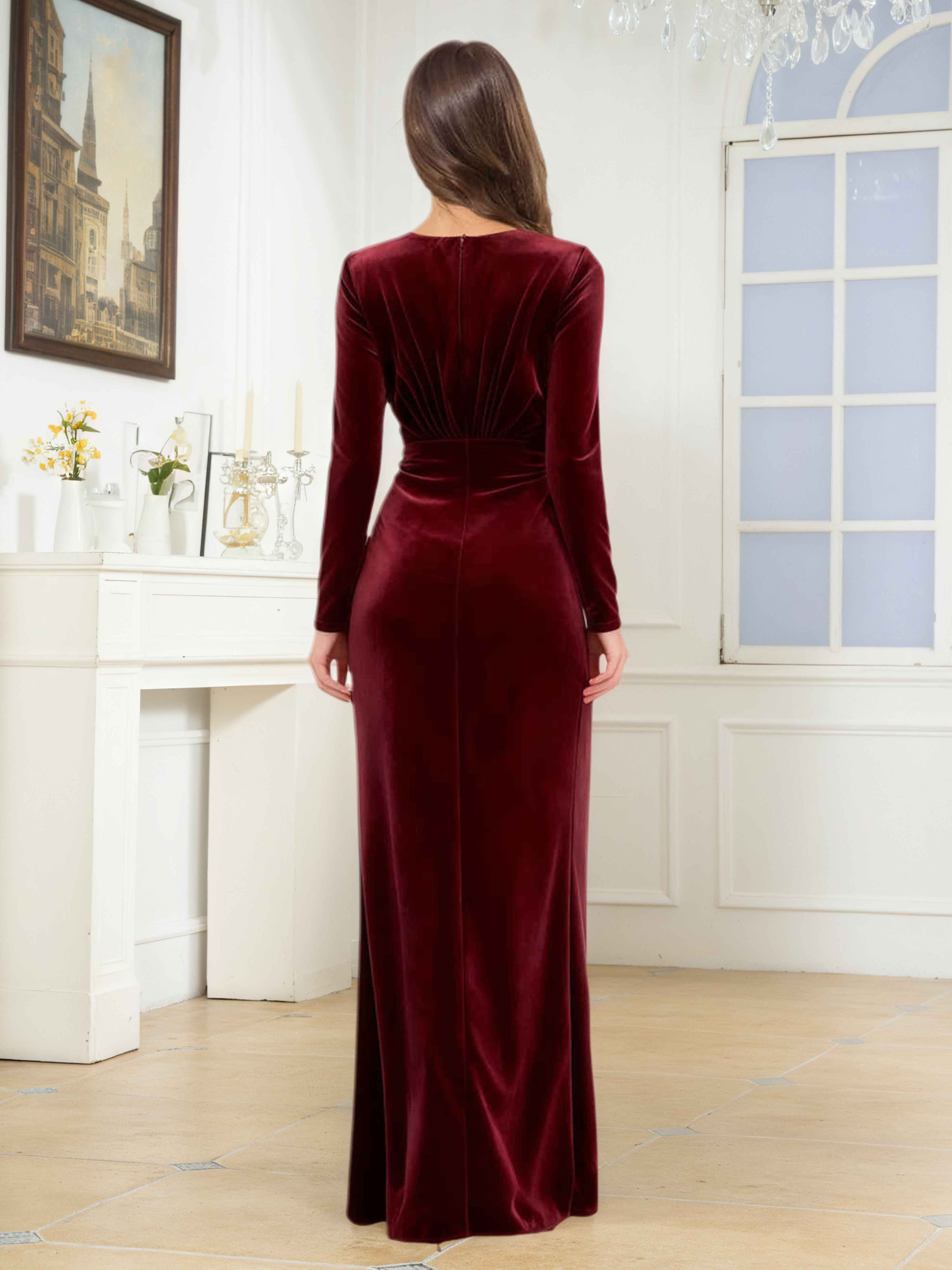 Una Premium V-neck Long Sleeves Slit Long Velvet Mother Of The Bride Dress
