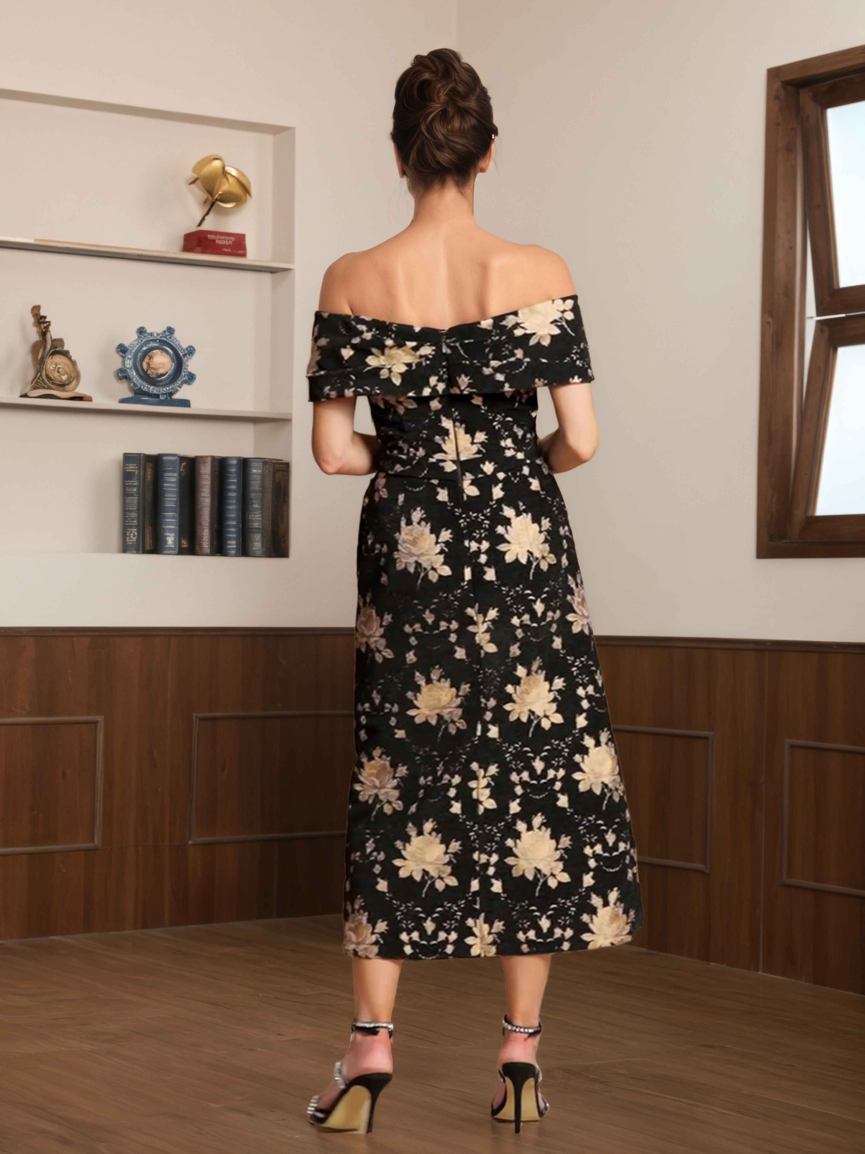 Undine Enchanting Off the Shoulder Midi Jacquard Floral Mother of the Bride Dresses