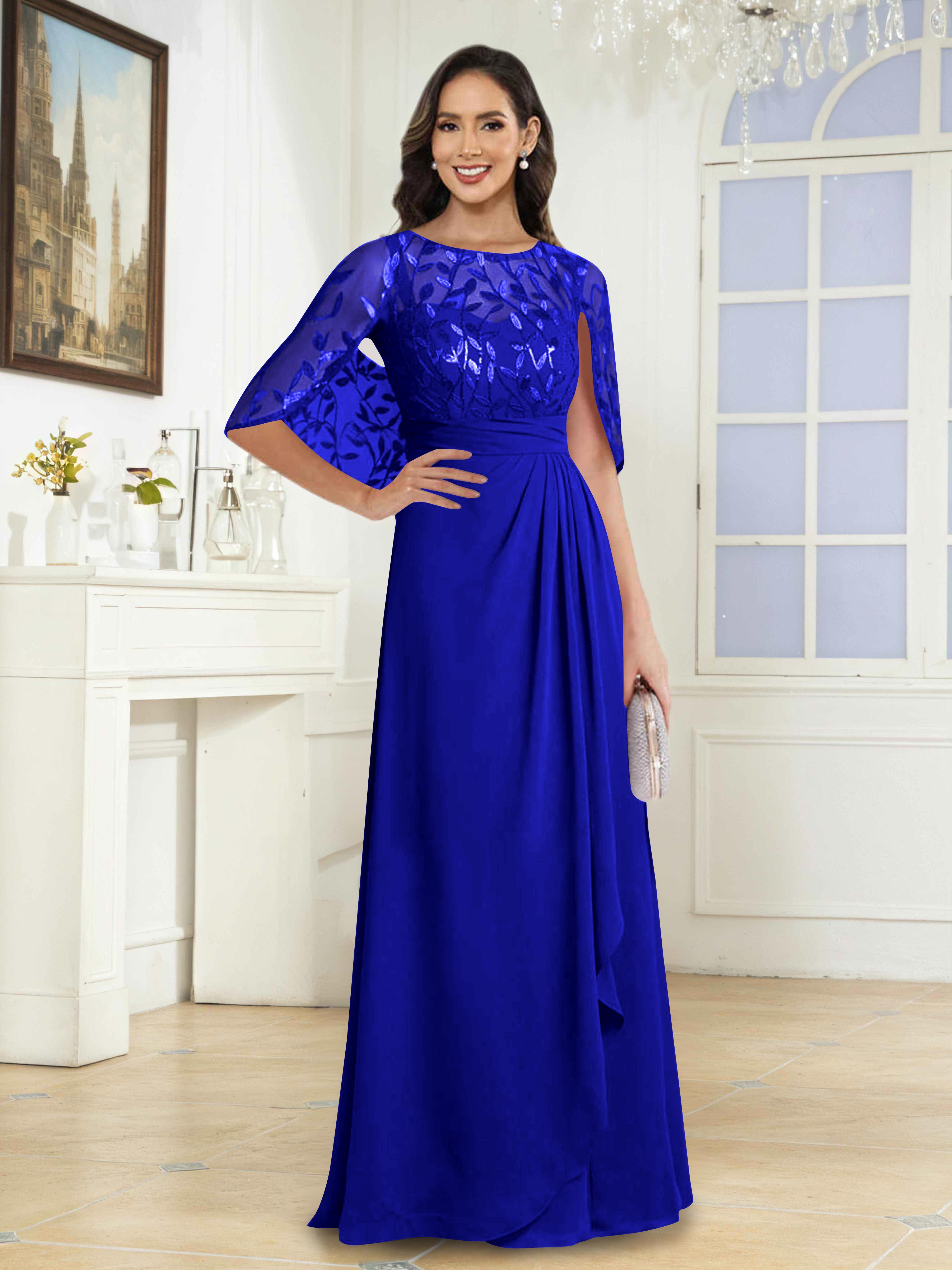 Vallen Enchanting A-Line Illusion Sequins Long Mother of the Bride Dresses With Cape