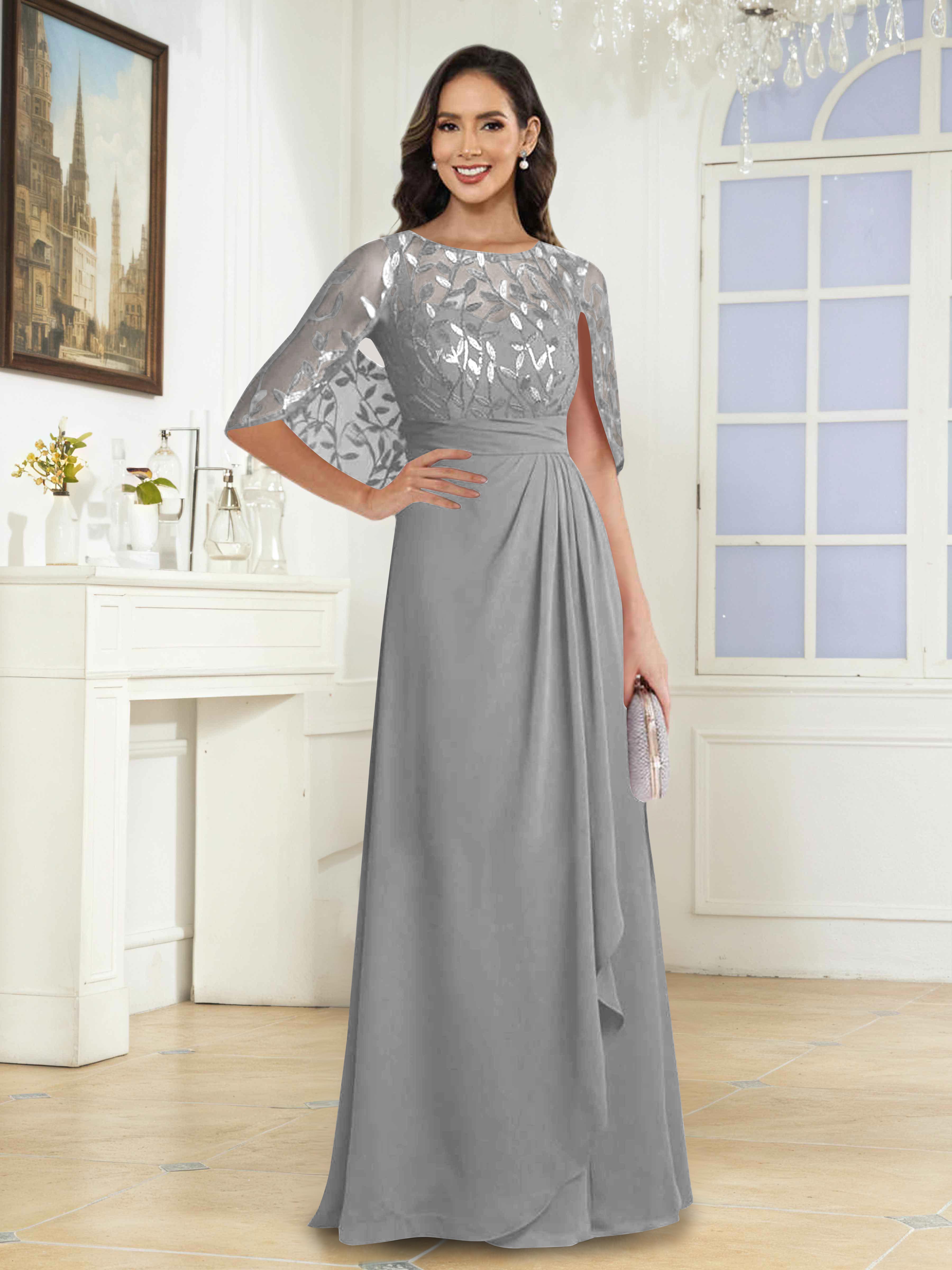 Vallen Enchanting A-Line Illusion Sequins Long Mother of the Bride Dresses With Cape