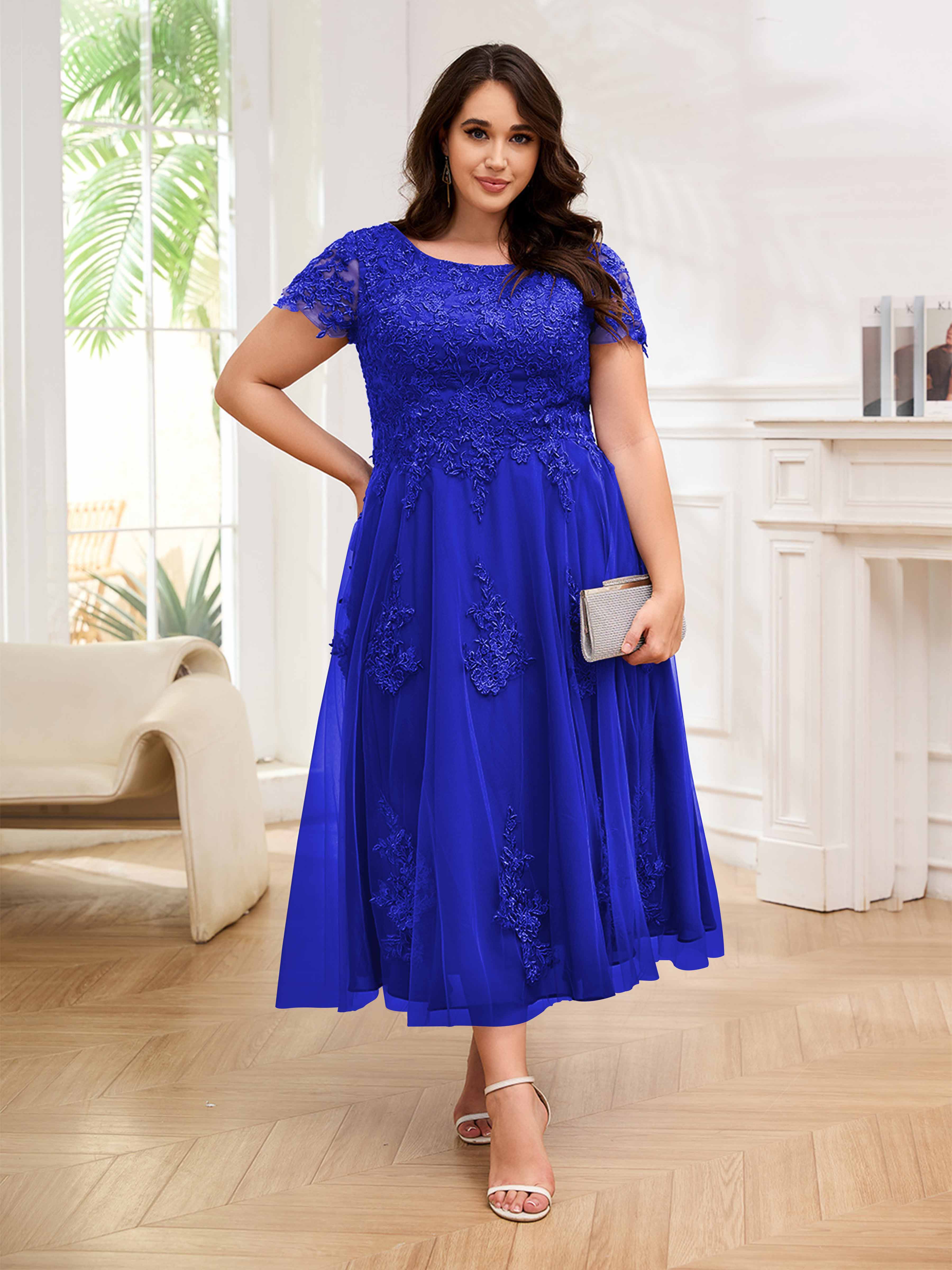 Virginia Chic A Line Scoop Appliques Tulle Midi Plus Size Mother of the Bride Dresses