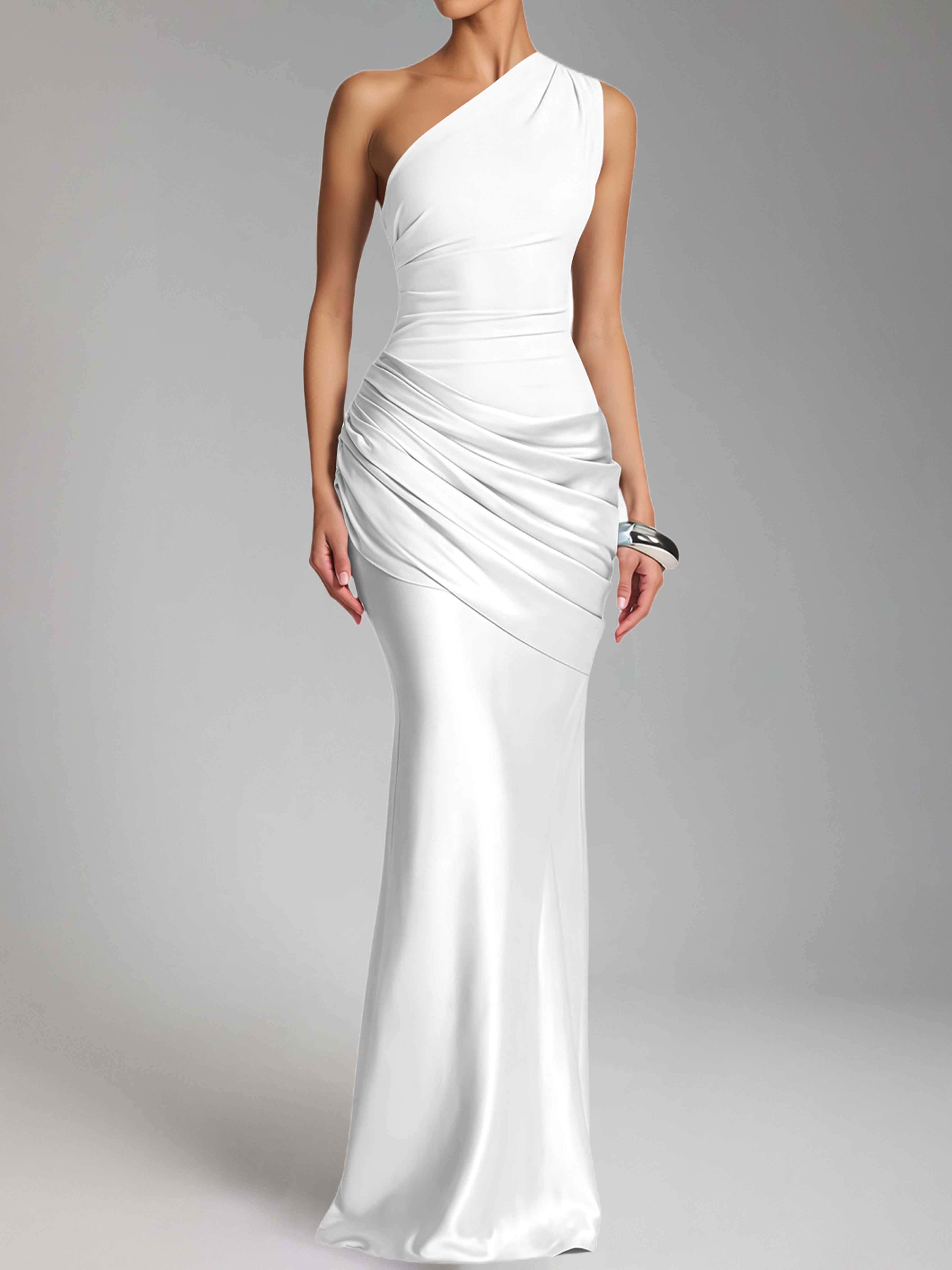 Jaelithra Elegant One Shoulder Pleated Satin Long Prom Dresses