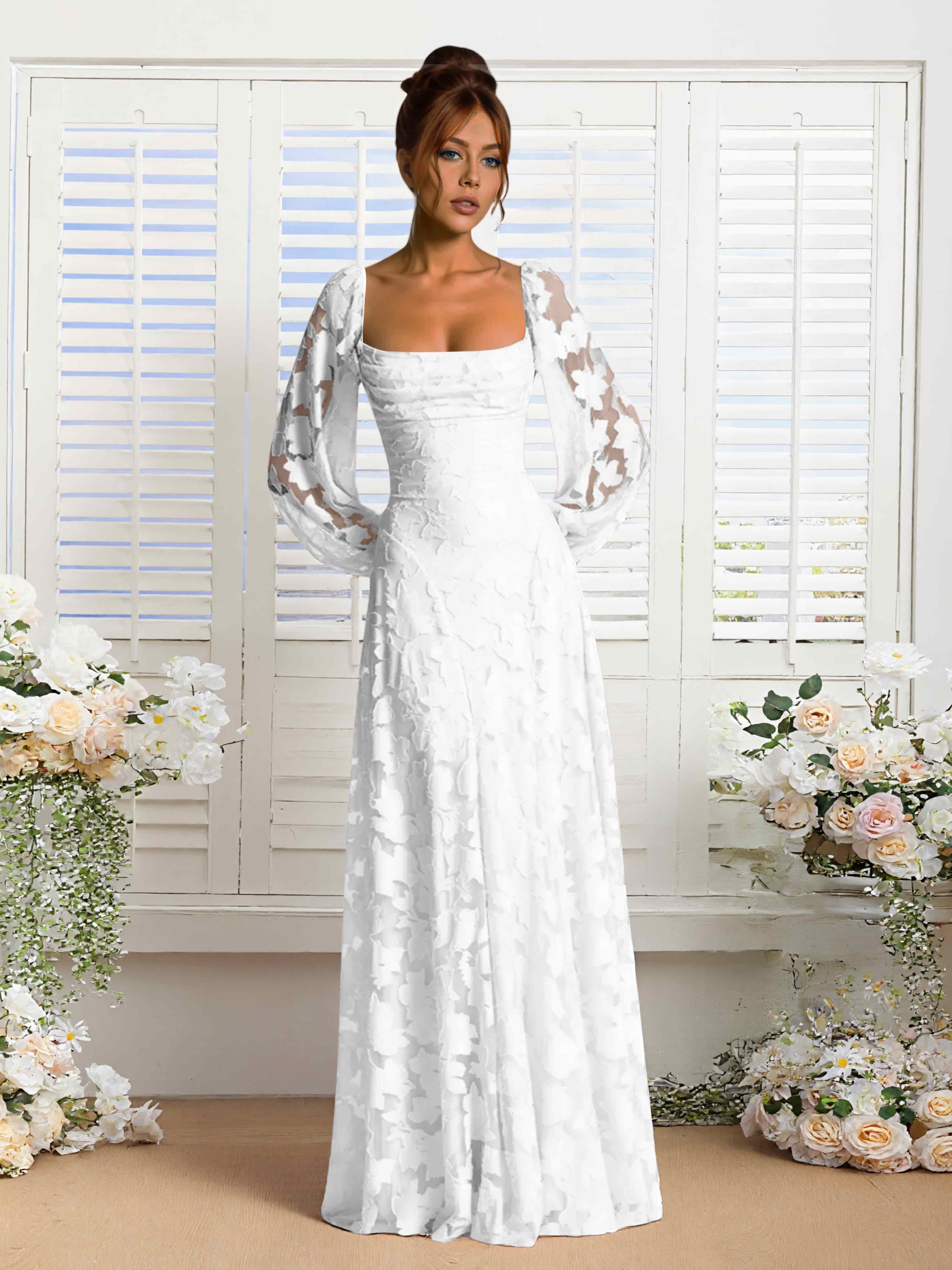 Xandra Delicate Long Sleeves Ruched Long Floral Lace Formal Dresses