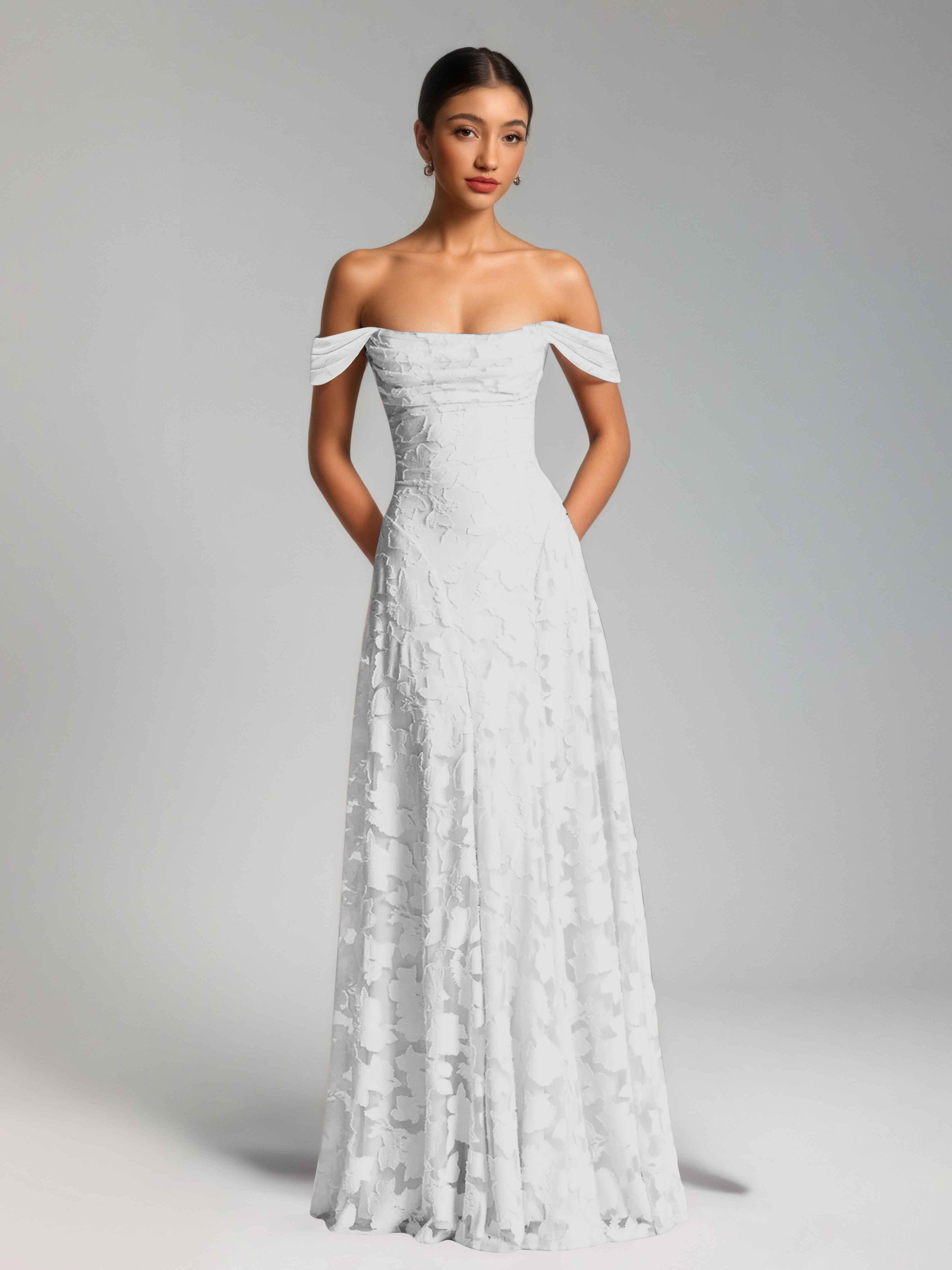 Oraelithra Graceful A-Line Off the Shoulder Floor Length Jacquard Bridesmaid Dresses