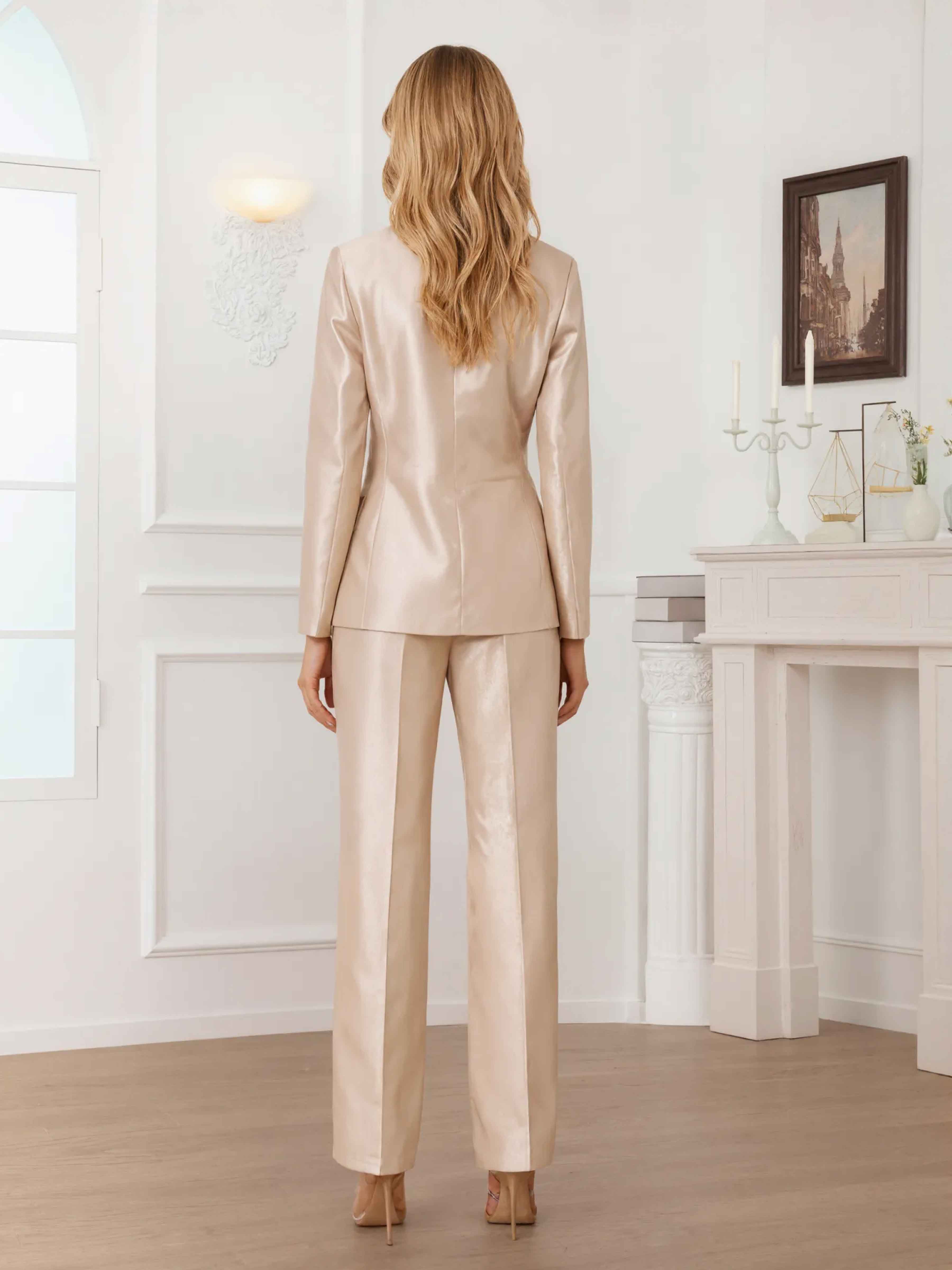 Women's 2 Pieces Peak Lapel One-Button Satin Formal Suit Set UK