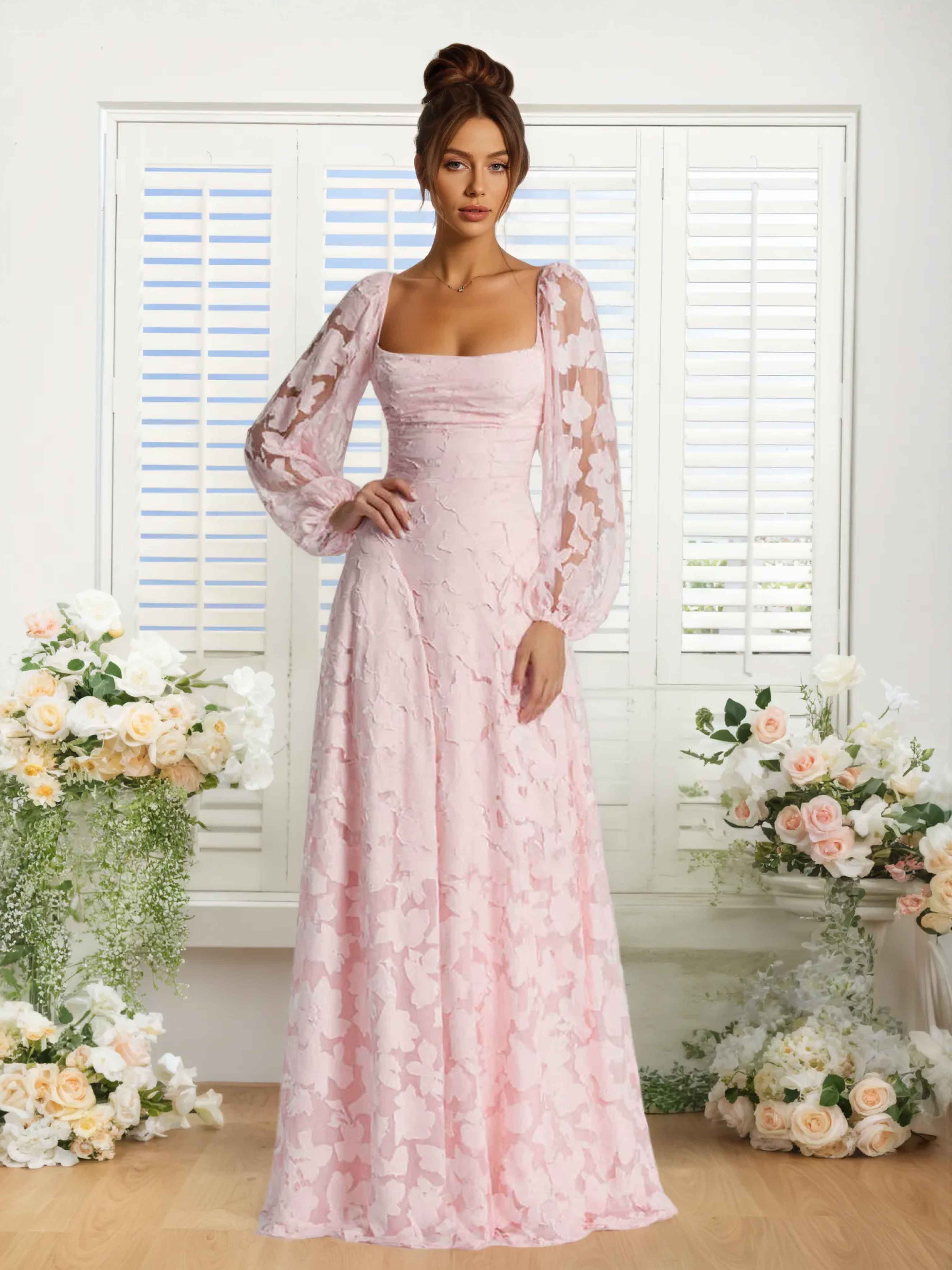 Xandra Delicate Long Sleeves Ruched Long Floral Lace Formal Dresses