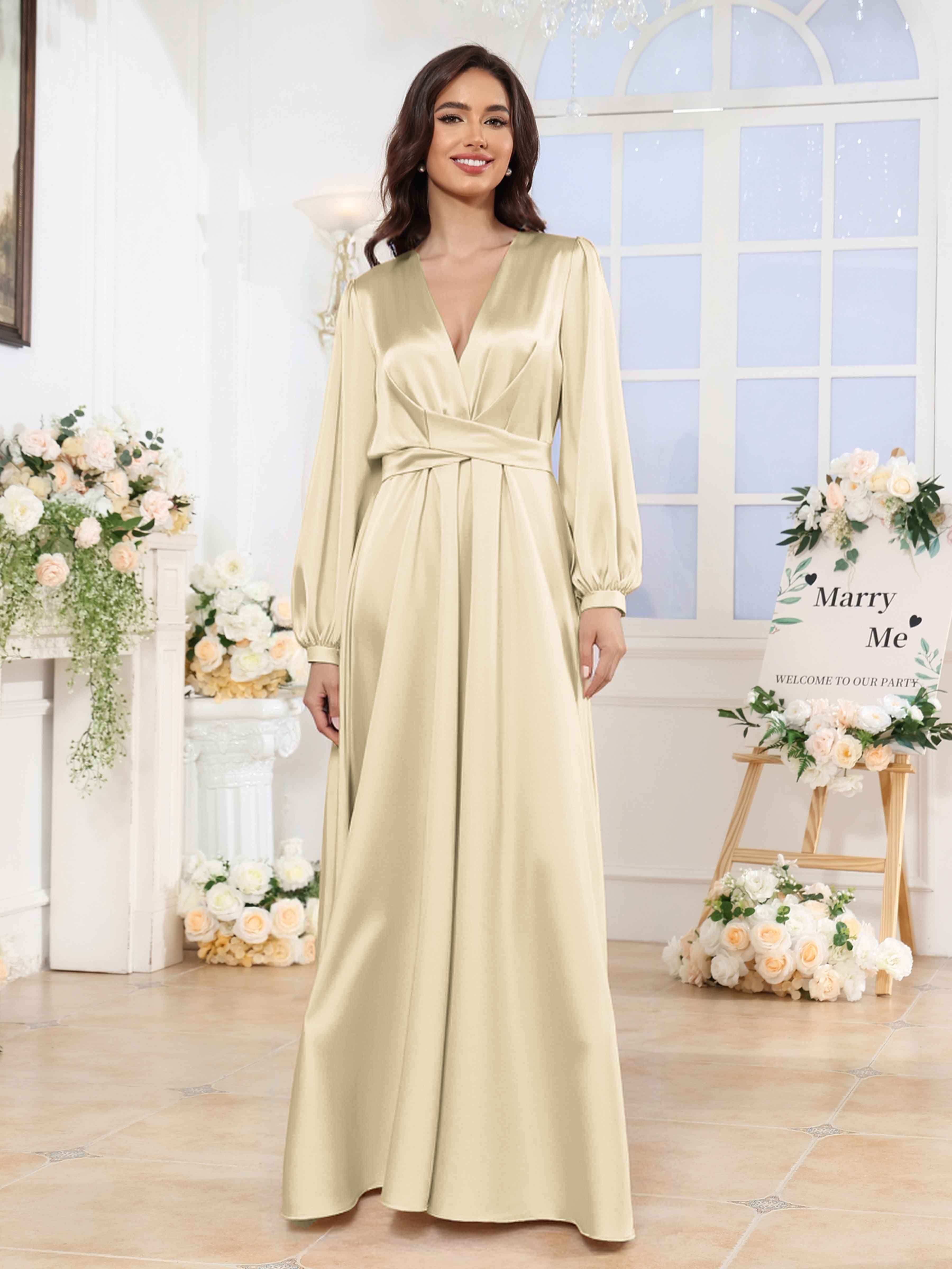 Xyla Trendy A-Line V Neck Long Sleeves Satin Bridesmaid Dresses