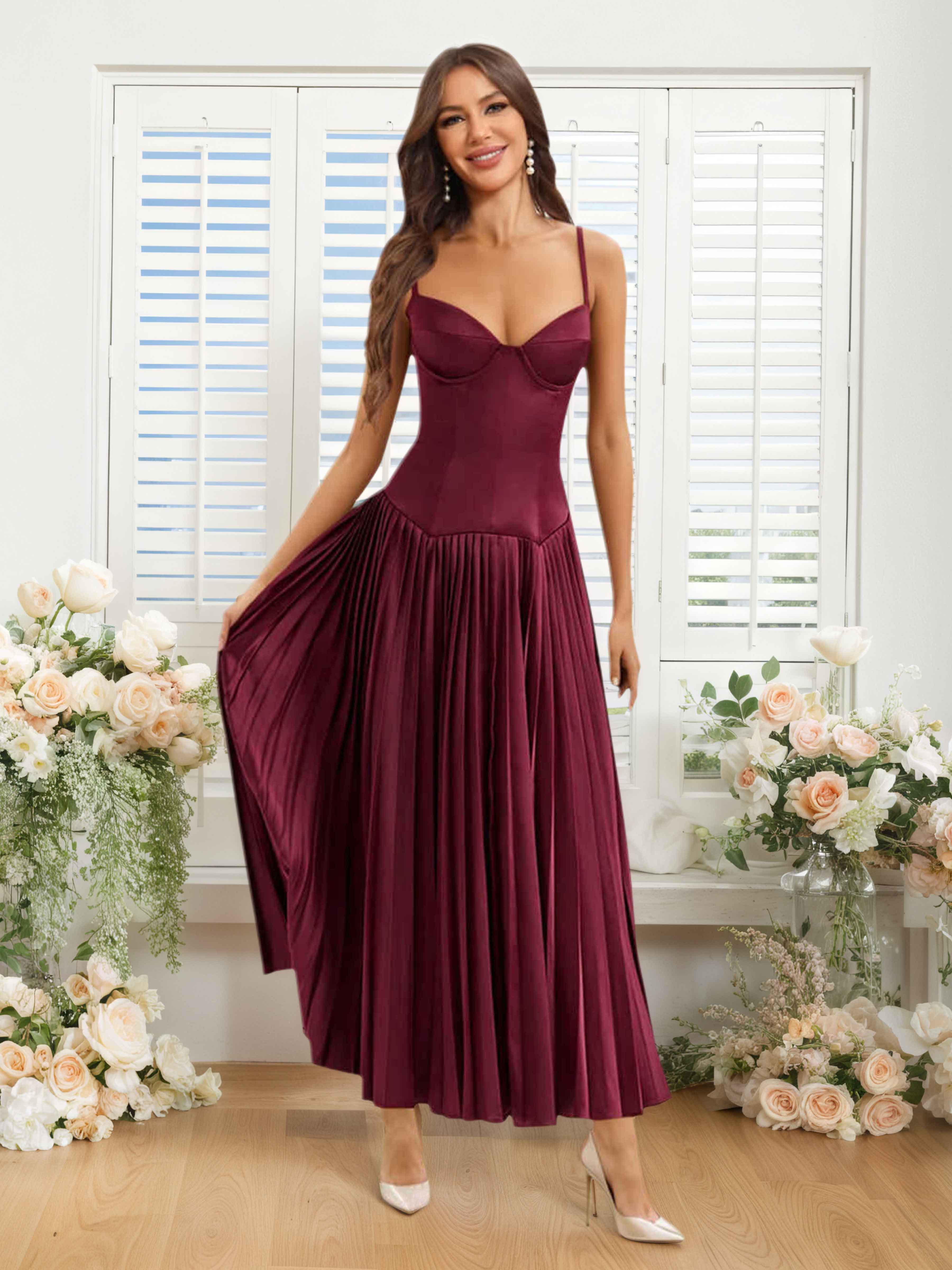 Yvaine Graceful Spaghetti Straps Pleated Long Satin Bridesmaid Dresses