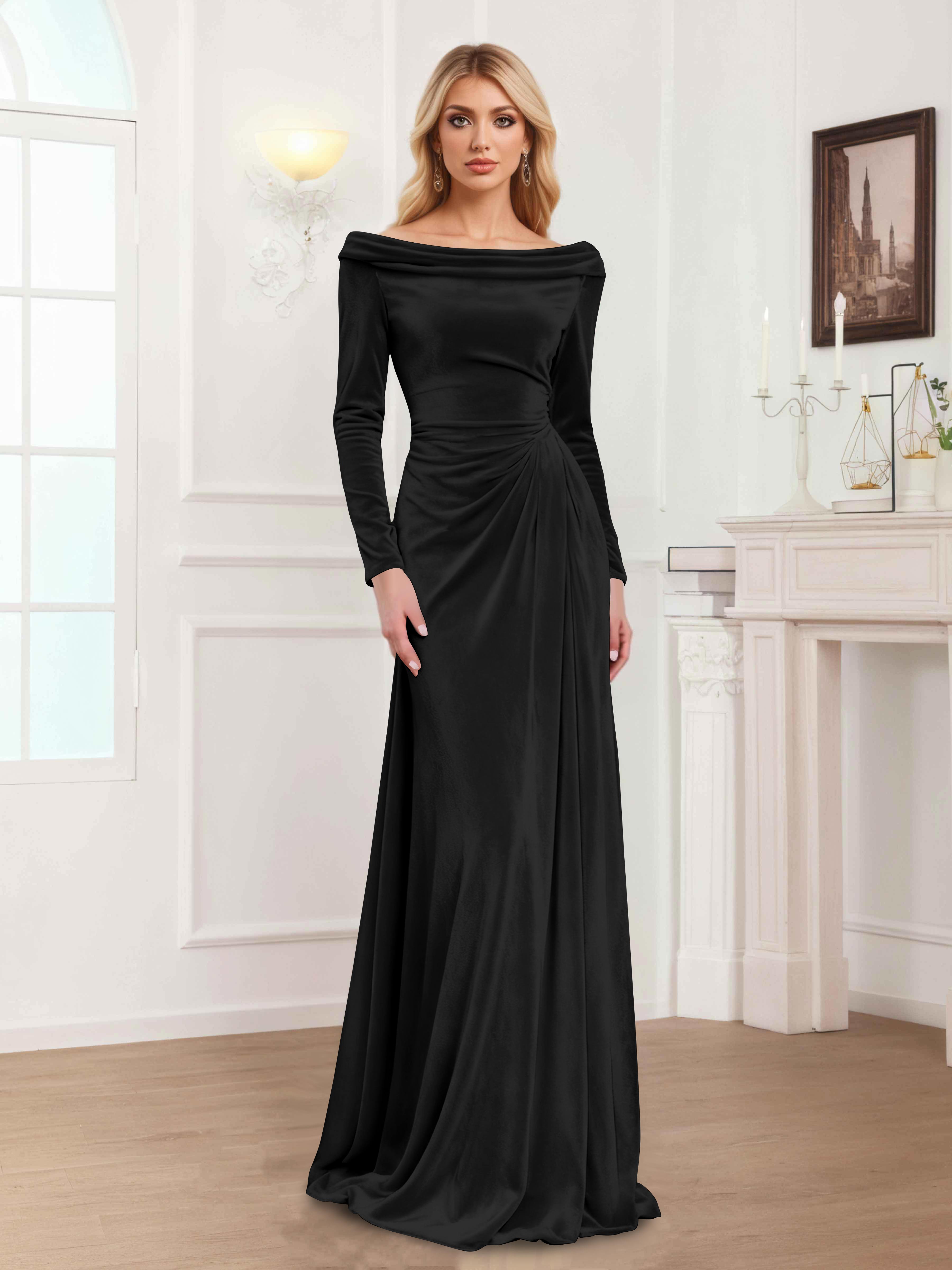 Zanna Elegant Long Sleeves Pleated Long Velvet Mother Of The Bride Dresses