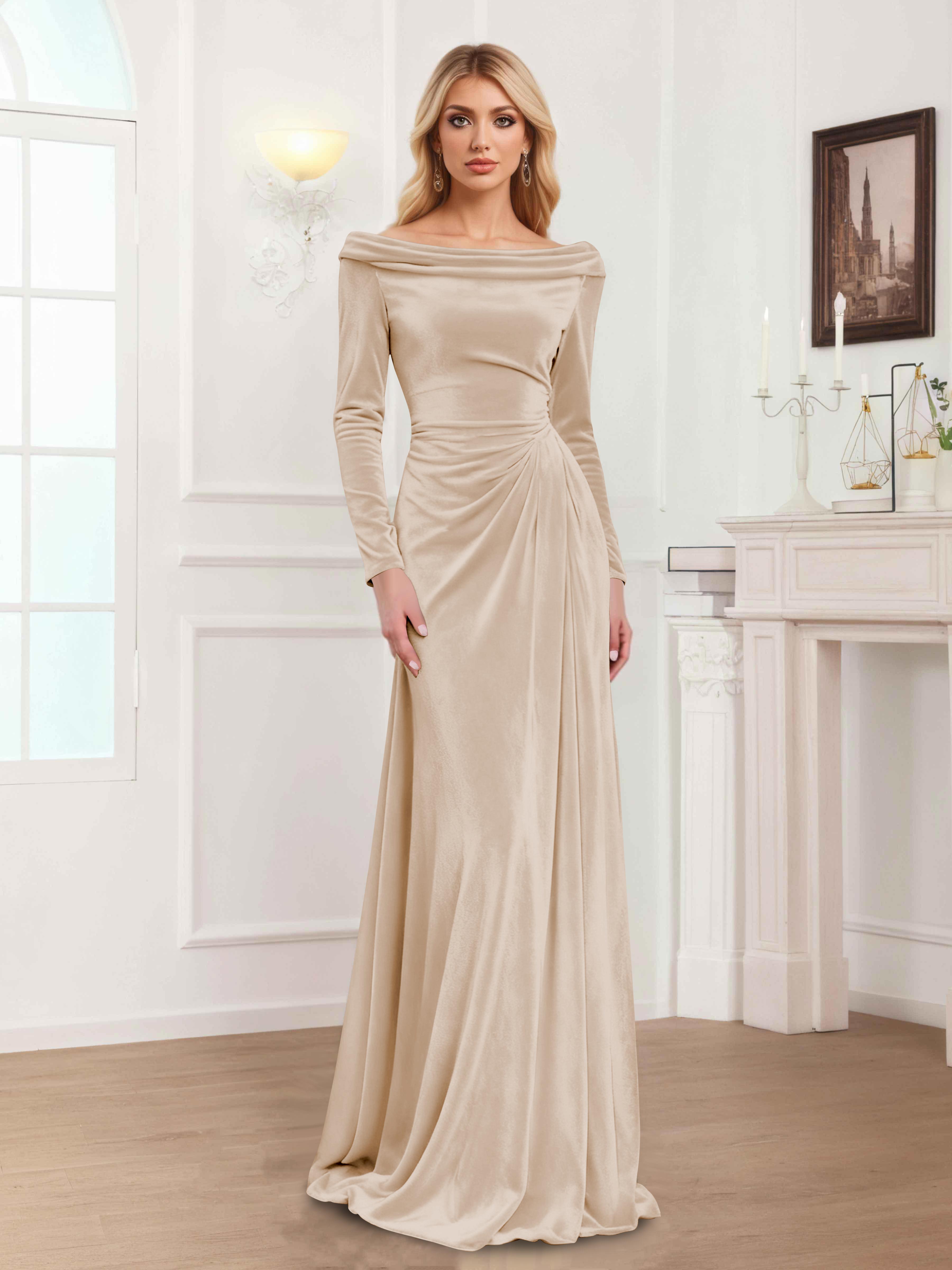 Zanna Elegant Long Sleeves Pleated Long Velvet Mother Of The Bride Dresses