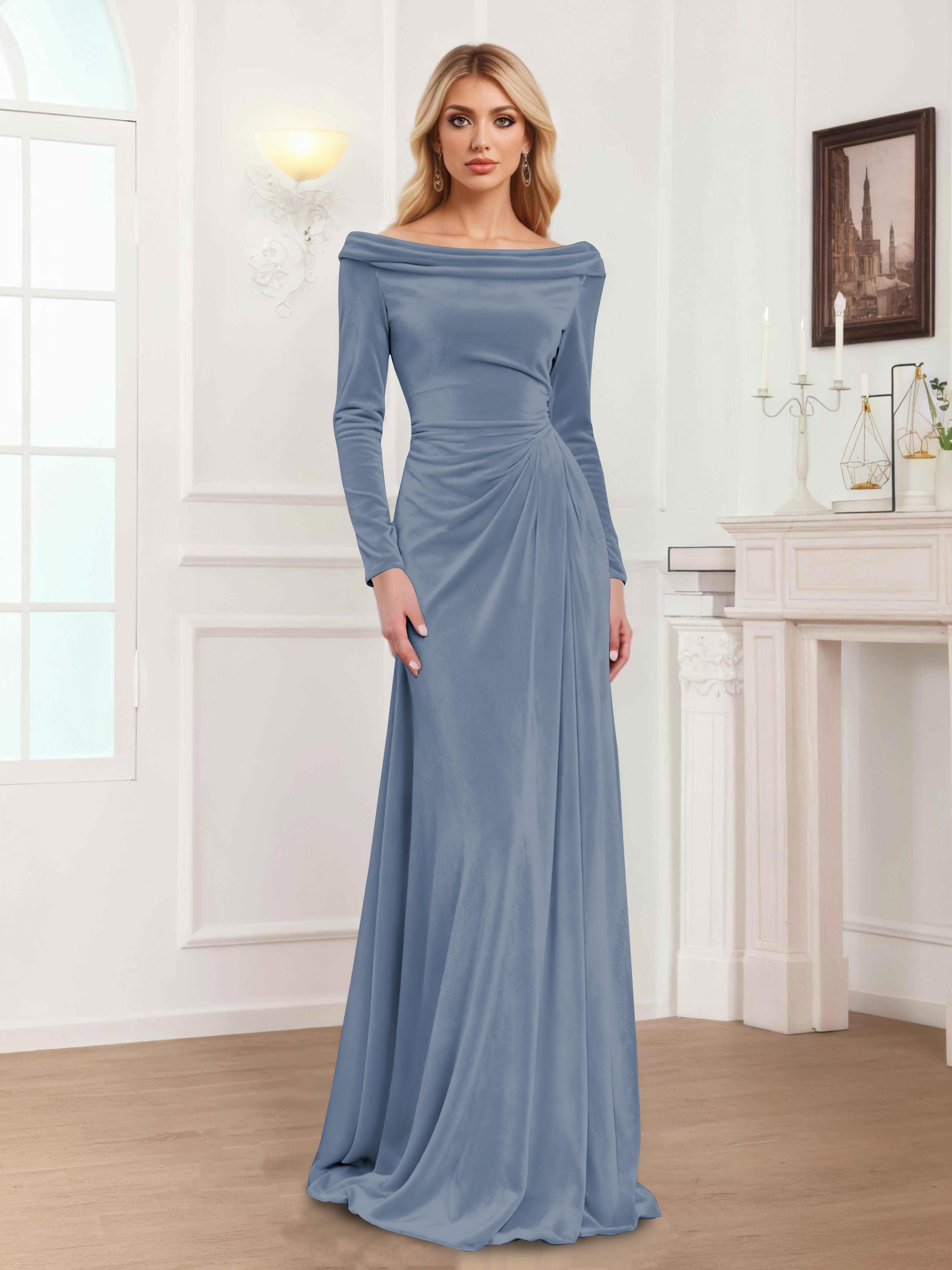 Zanna Elegant Long Sleeves Pleated Long Velvet Mother Of The Bride Dresses