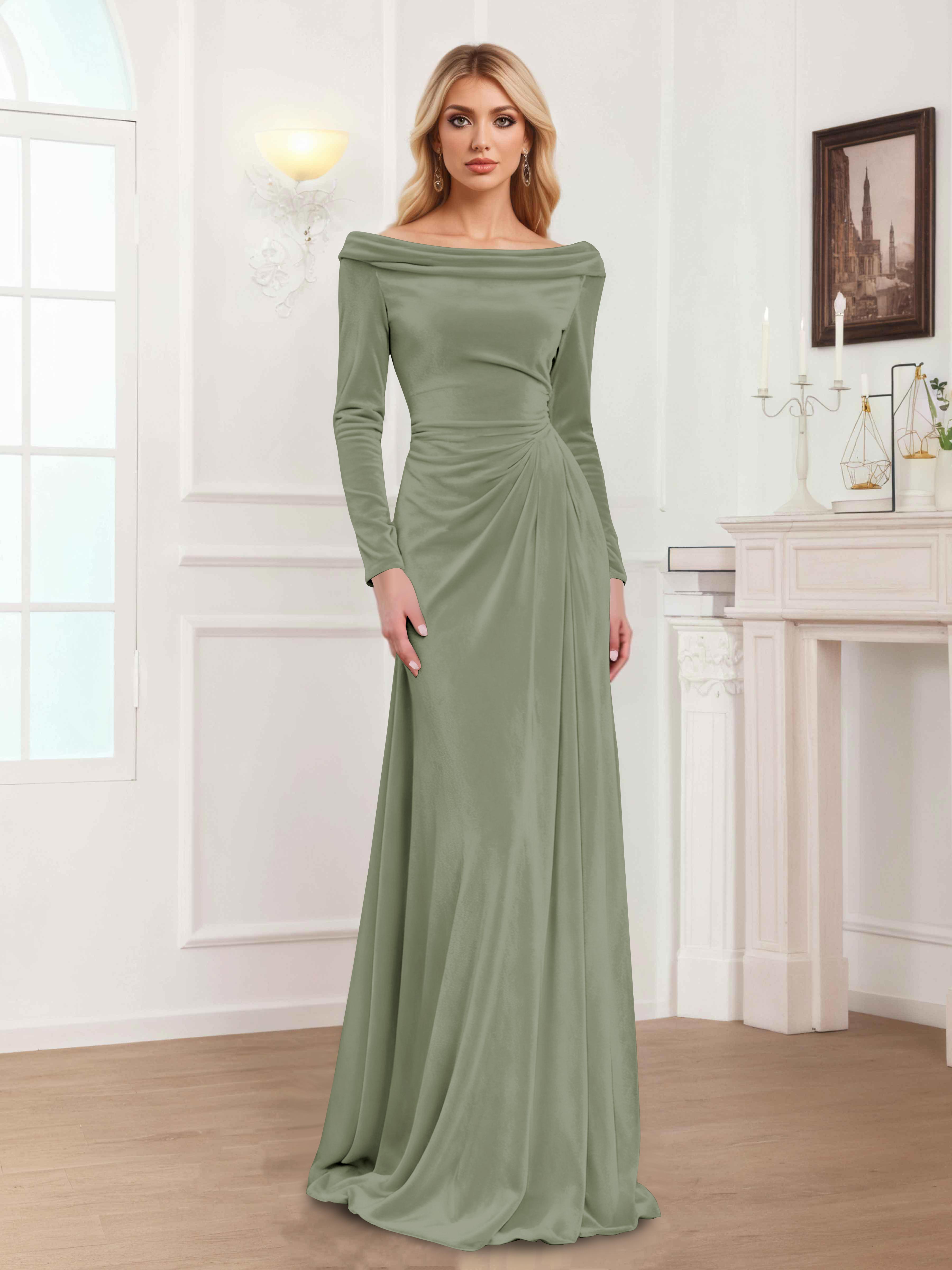 Zanna Elegant Long Sleeves Pleated Long Velvet Mother Of The Bride Dresses