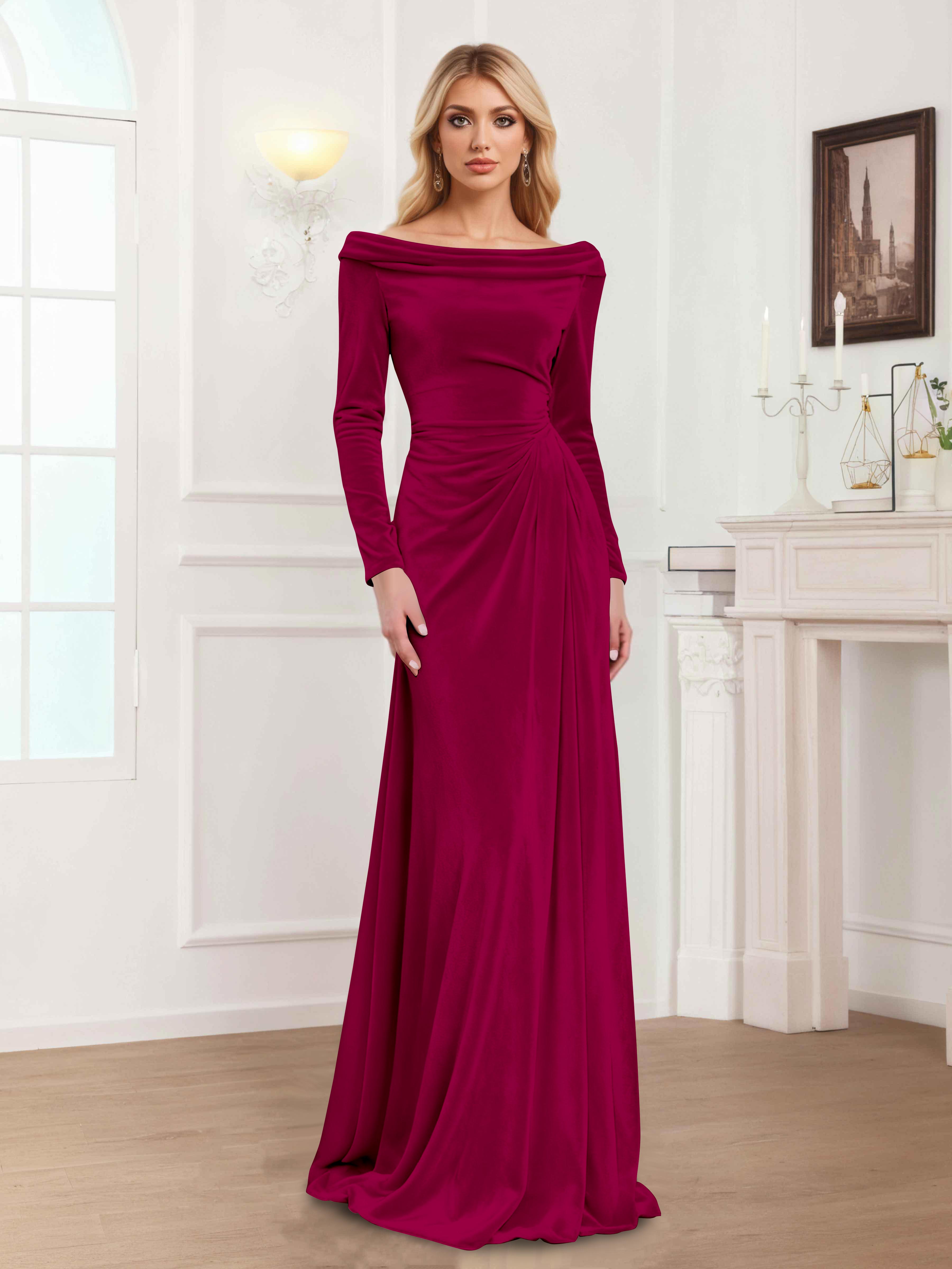Zanna Elegant Long Sleeves Pleated Long Velvet Mother Of The Bride Dresses