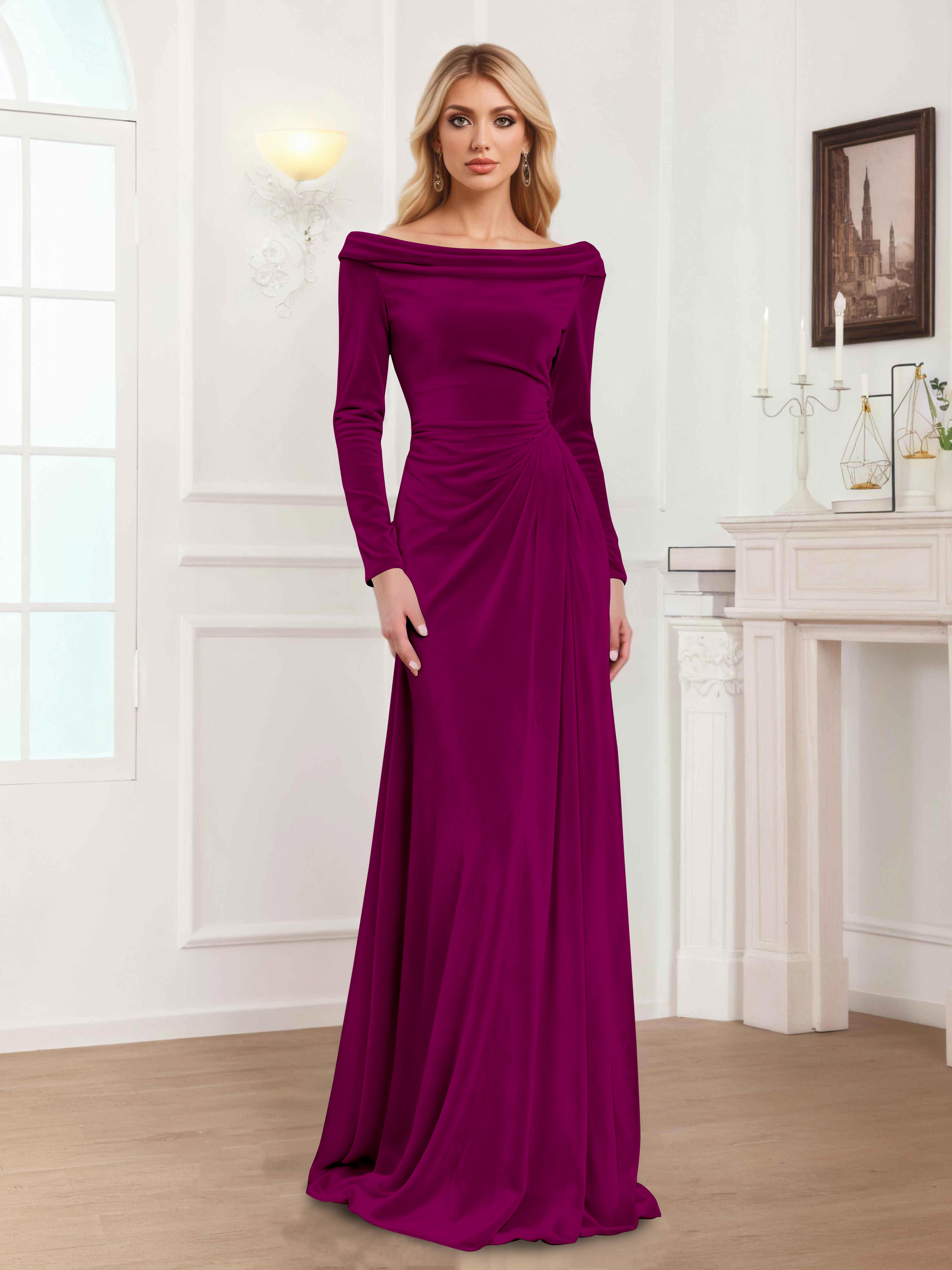 Zanna Elegant Long Sleeves Pleated Long Velvet Mother Of The Bride Dresses