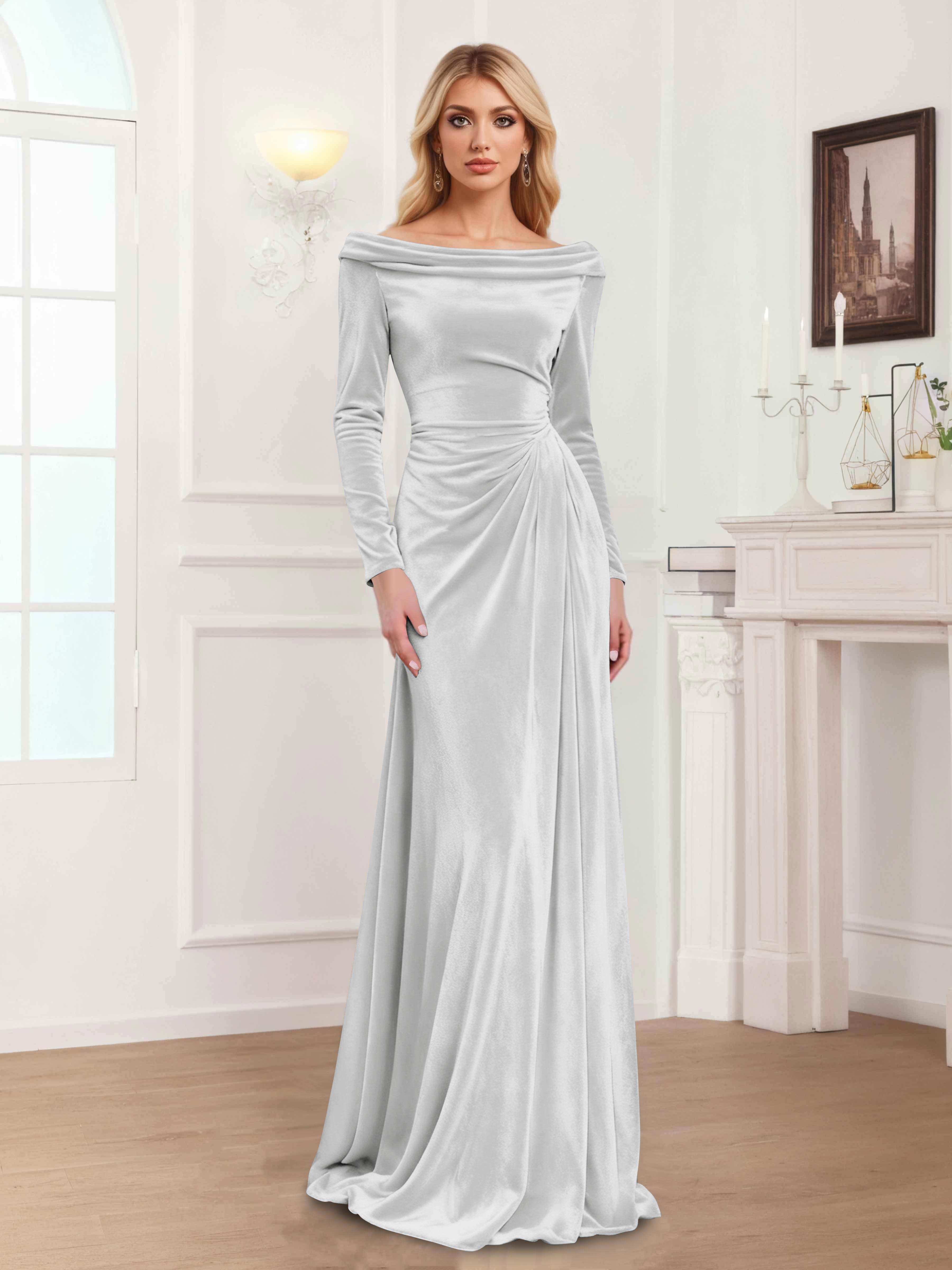 Zanna Elegant Long Sleeves Pleated Long Velvet Mother Of The Bride Dresses