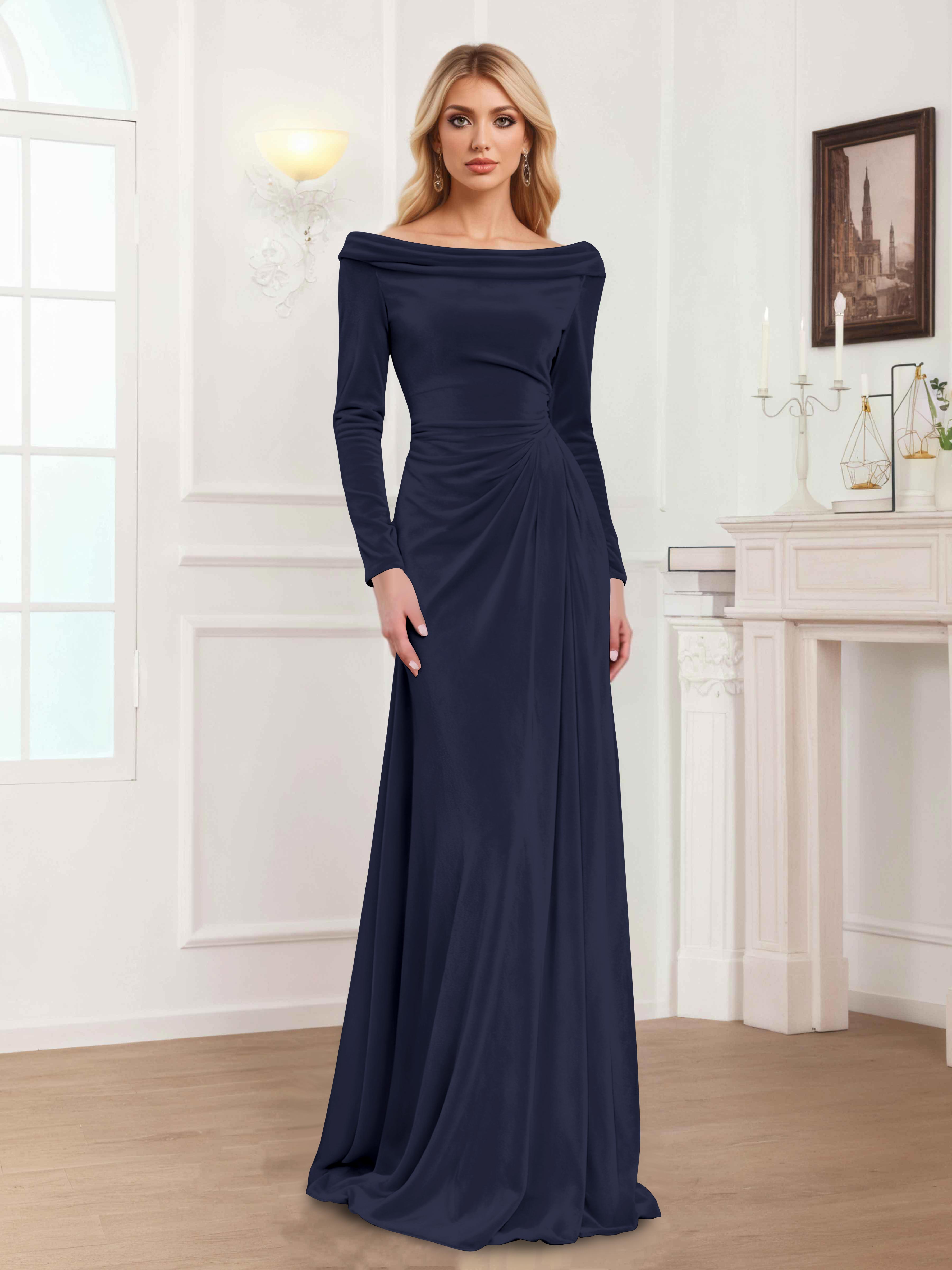 Zanna Elegant Long Sleeves Pleated Long Velvet Mother Of The Bride Dresses