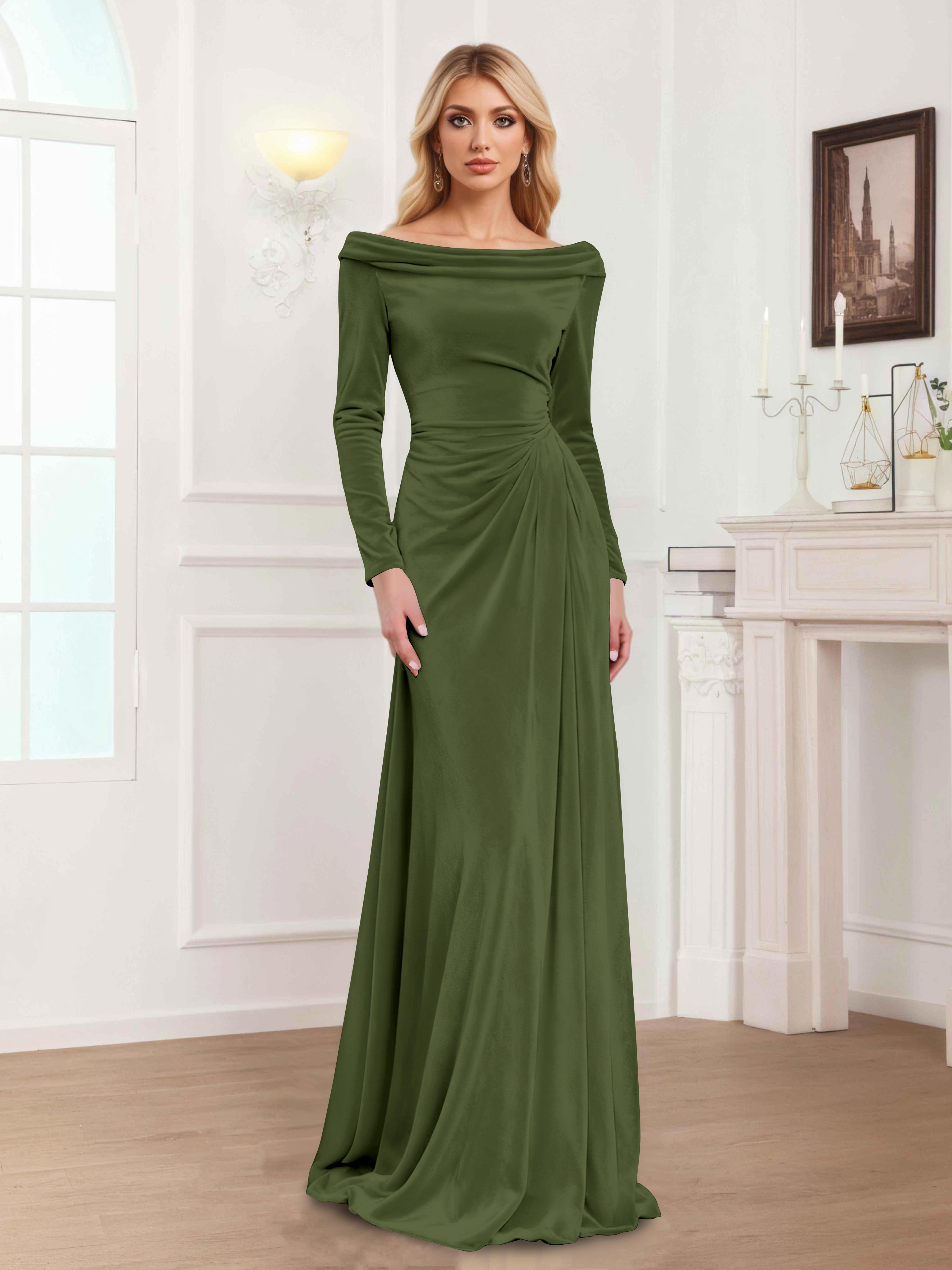 Zanna Elegant Long Sleeves Pleated Long Velvet Mother Of The Bride Dresses