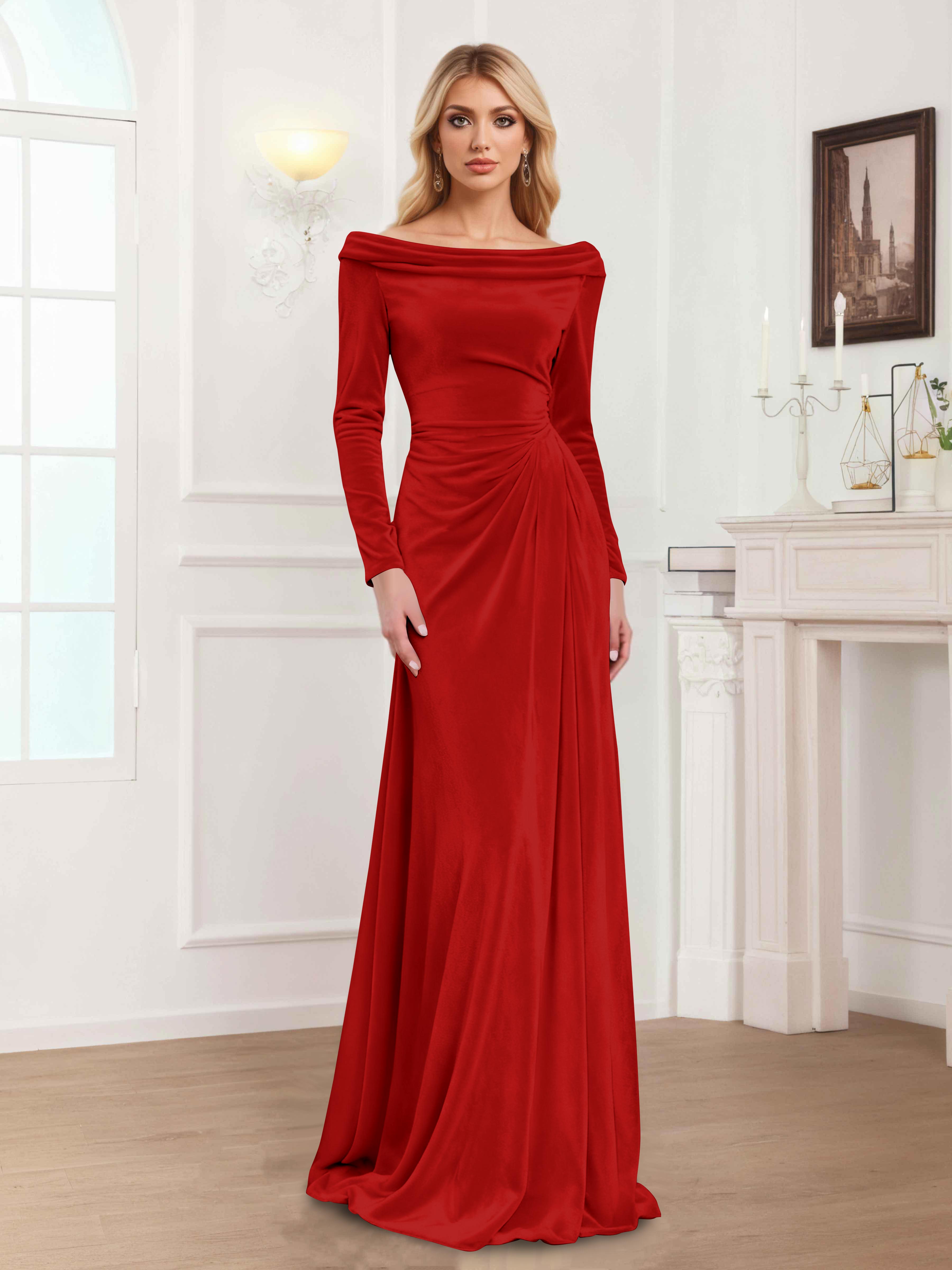 Zanna Elegant Long Sleeves Pleated Long Velvet Mother Of The Bride Dresses