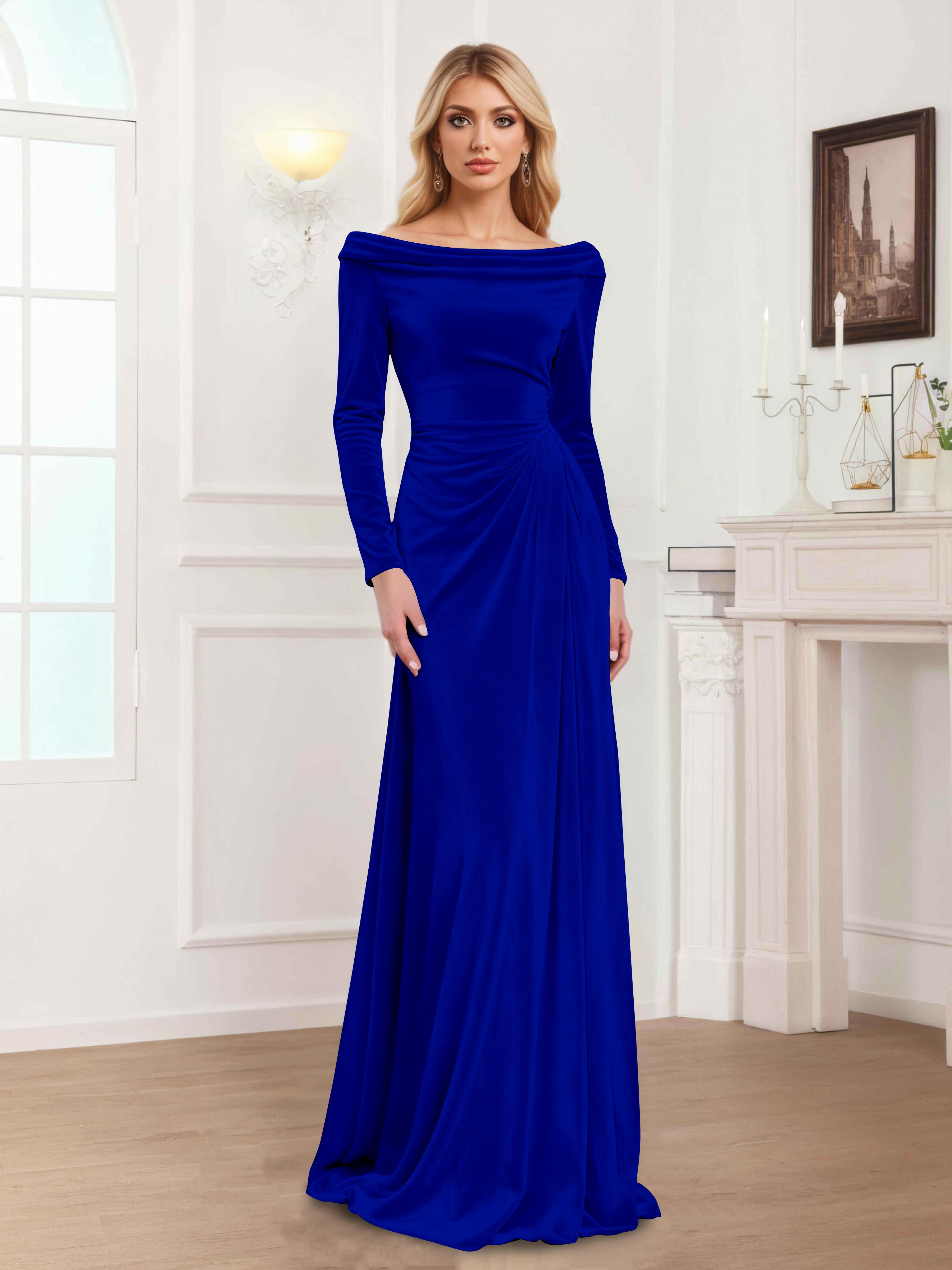 Zanna Elegant Long Sleeves Pleated Long Velvet Mother Of The Bride Dresses
