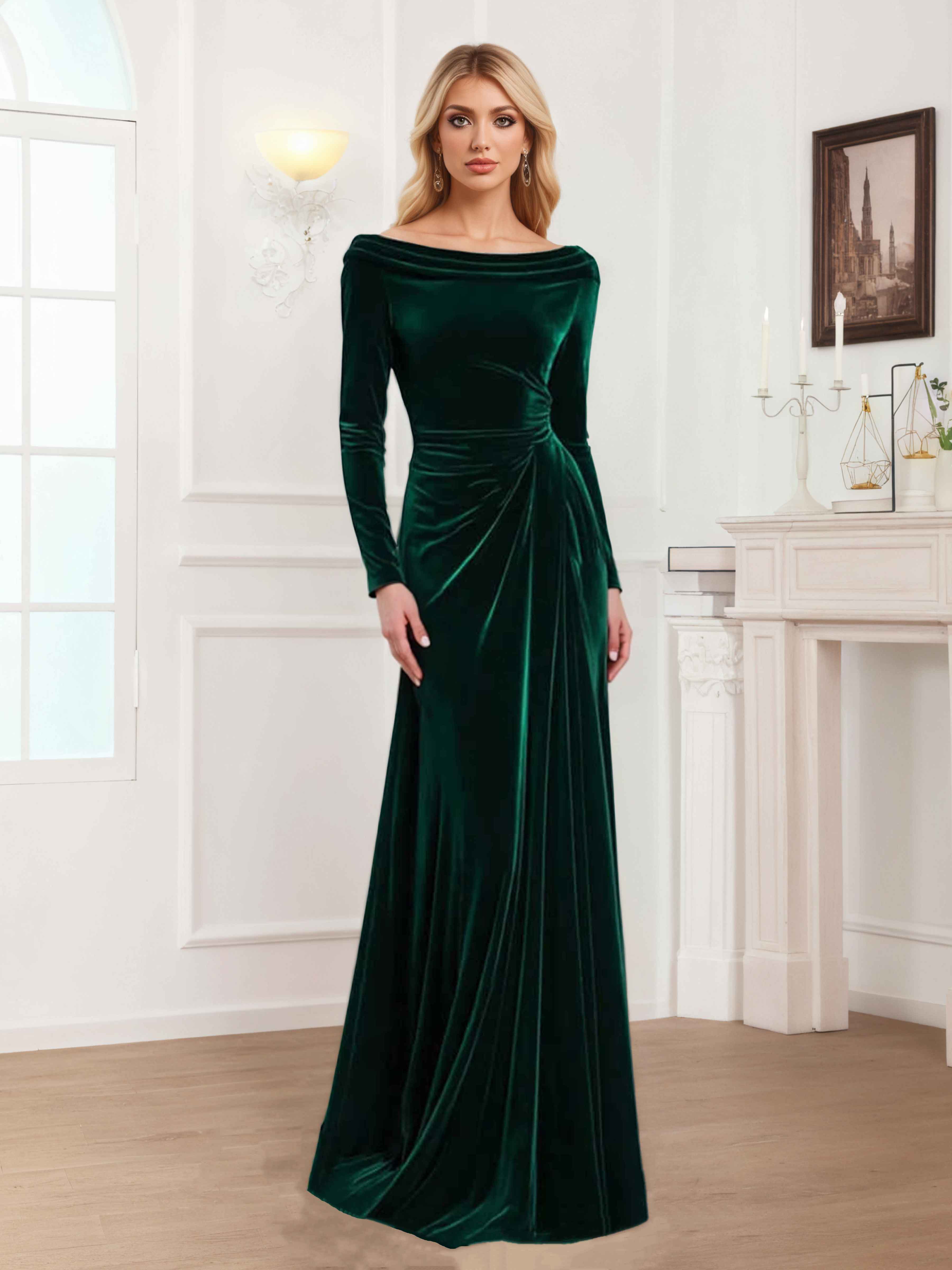 Zanna Elegant Long Sleeves Pleated Long Velvet Mother Of The Bride Dresses