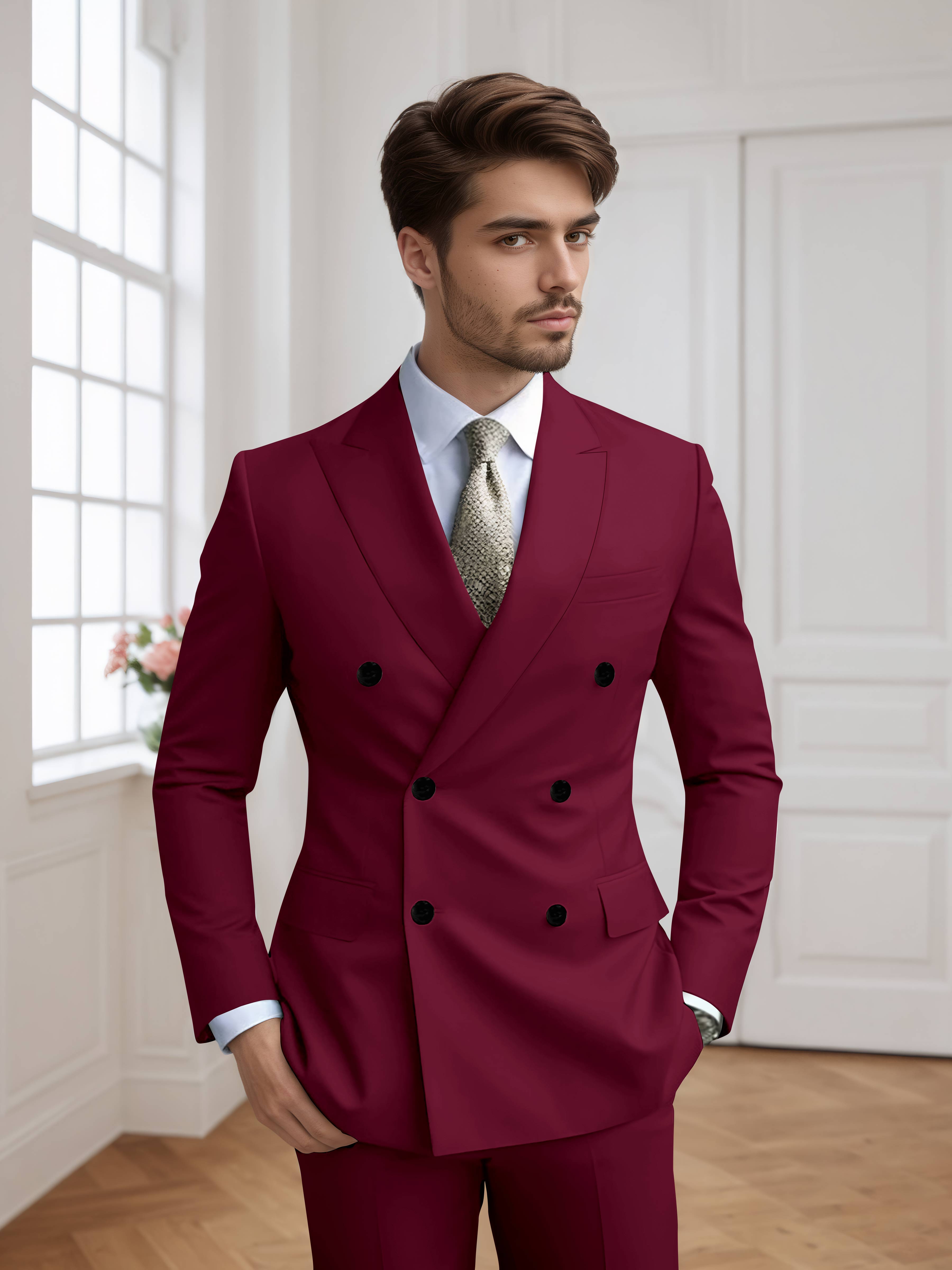 Men's Slim Fit Double Breasted Six-Buttons 2 Pieces Occasion Suits