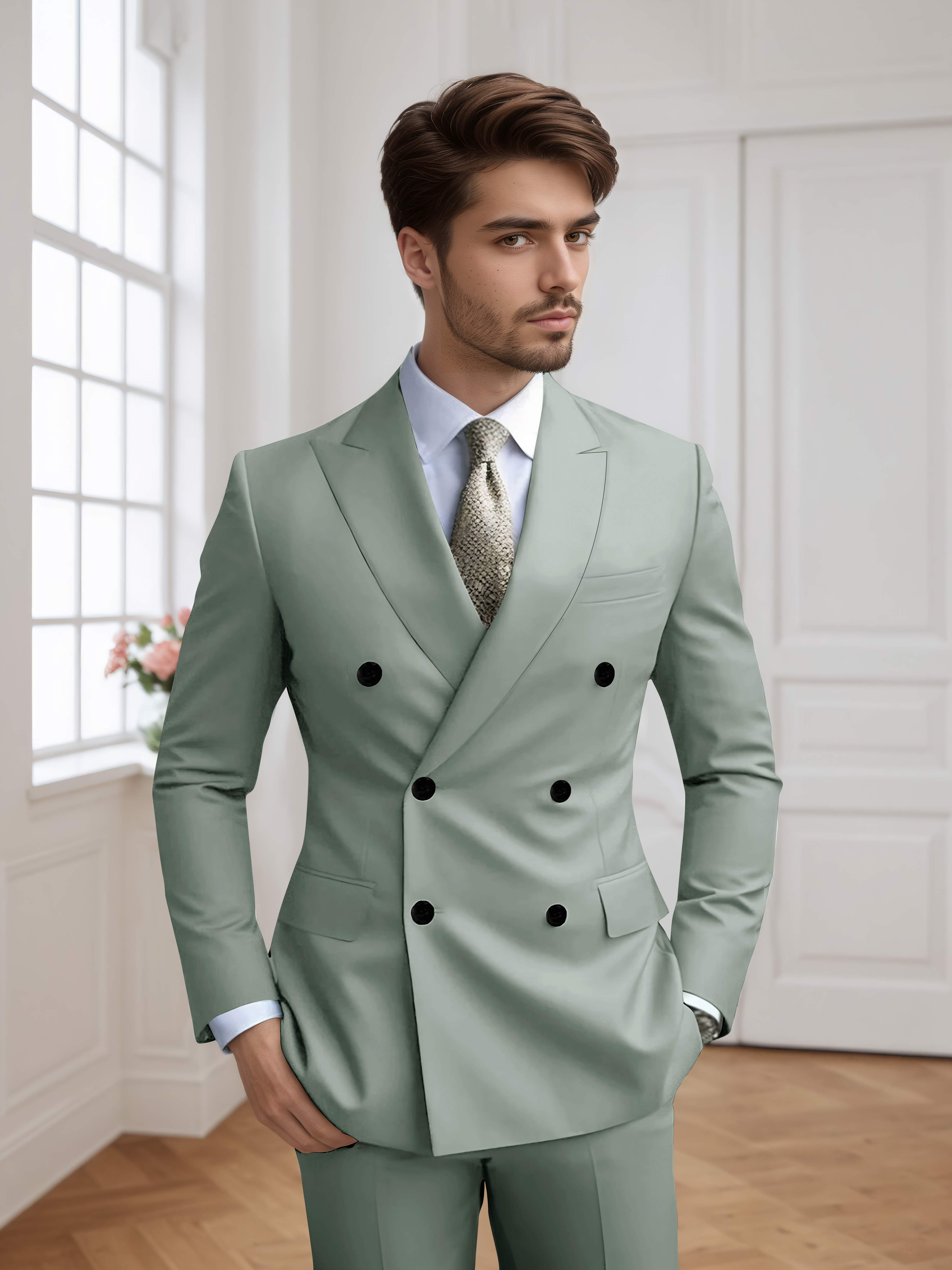 Men's Slim Fit Double Breasted Six-Buttons 2 Pieces Occasion Suits