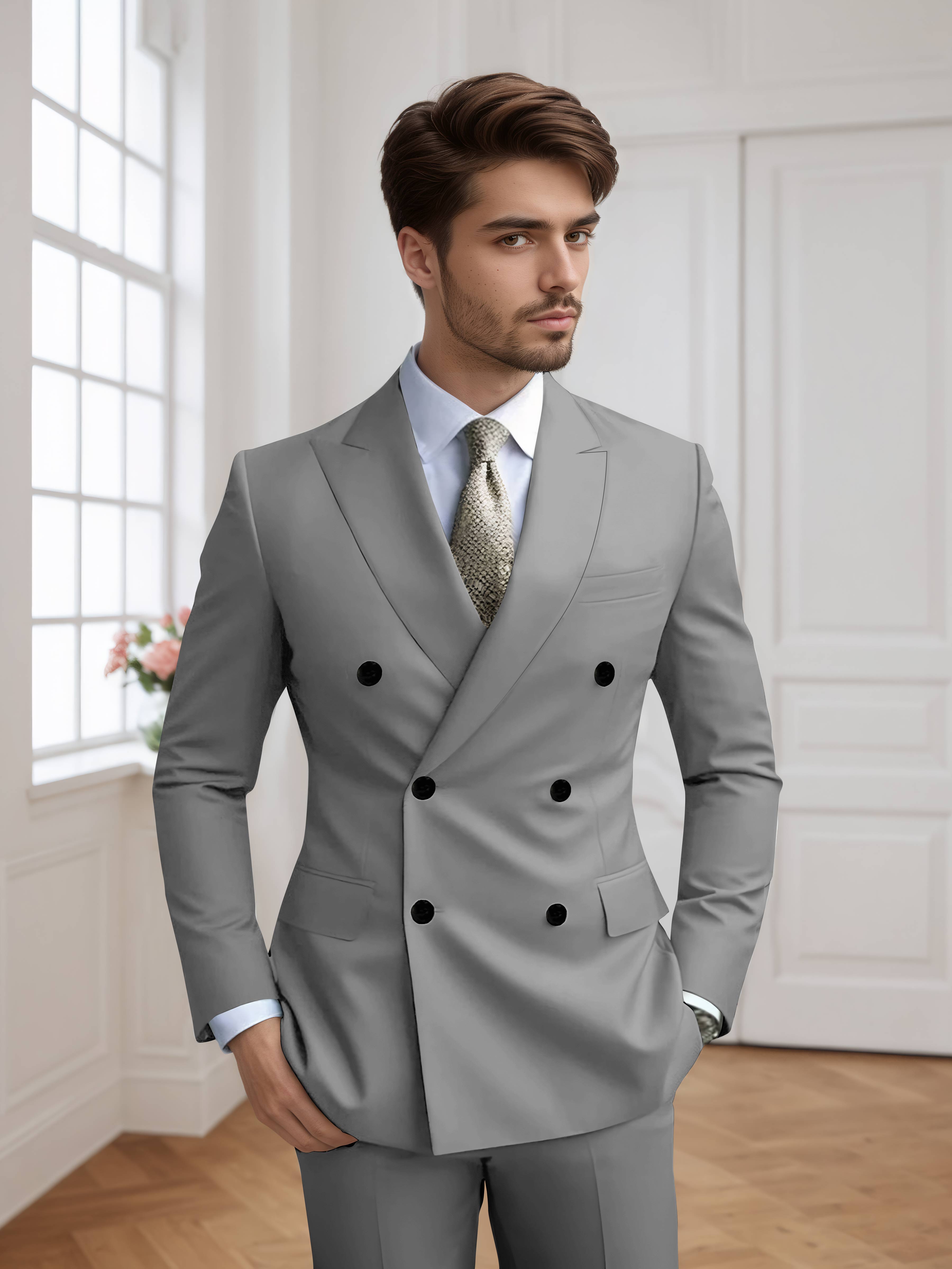 Men's Slim Fit Double Breasted Six-Buttons 2 Pieces Occasion Suits