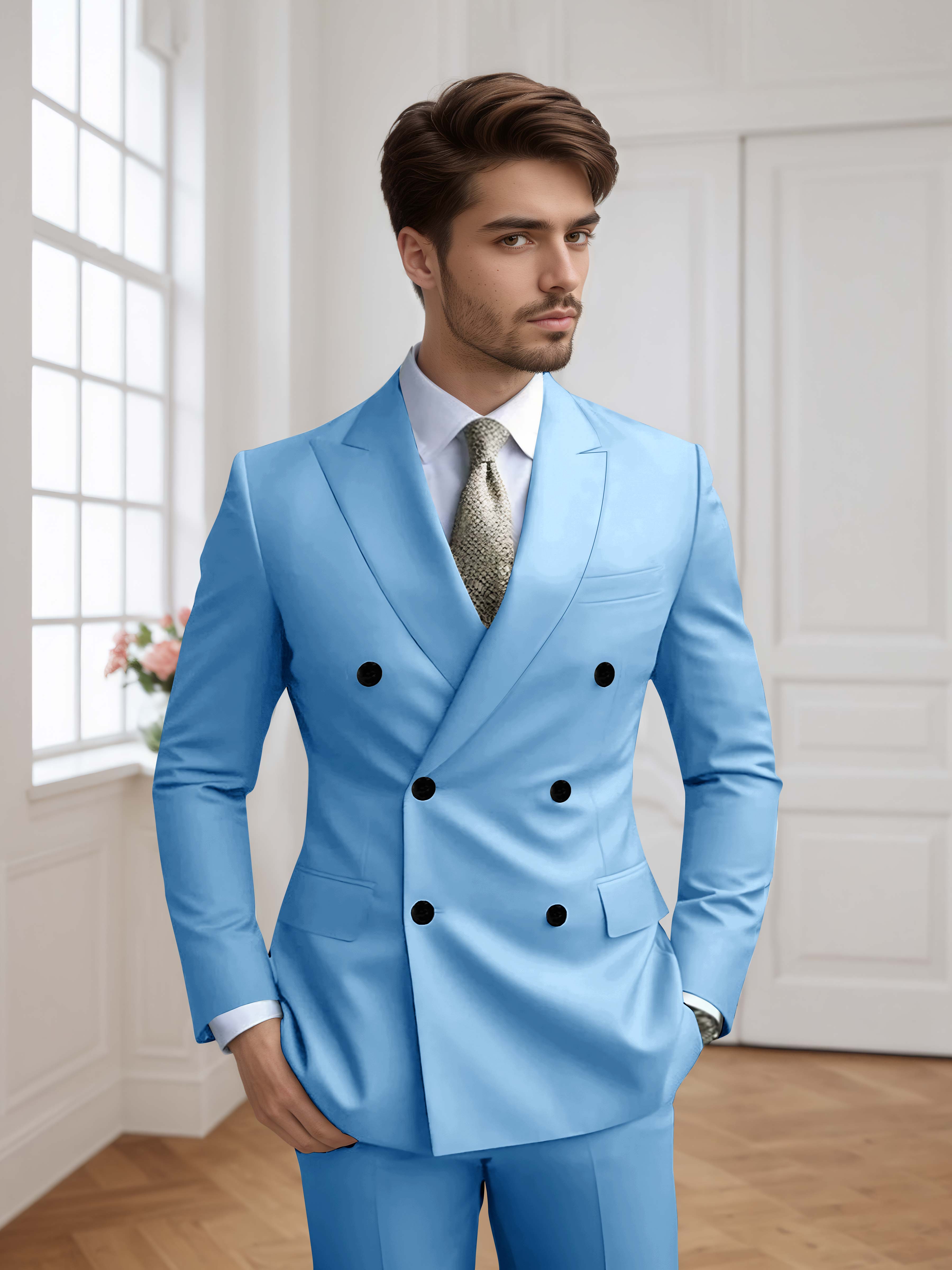Men's Slim Fit Double Breasted Six-Buttons 2 Pieces Occasion Suits