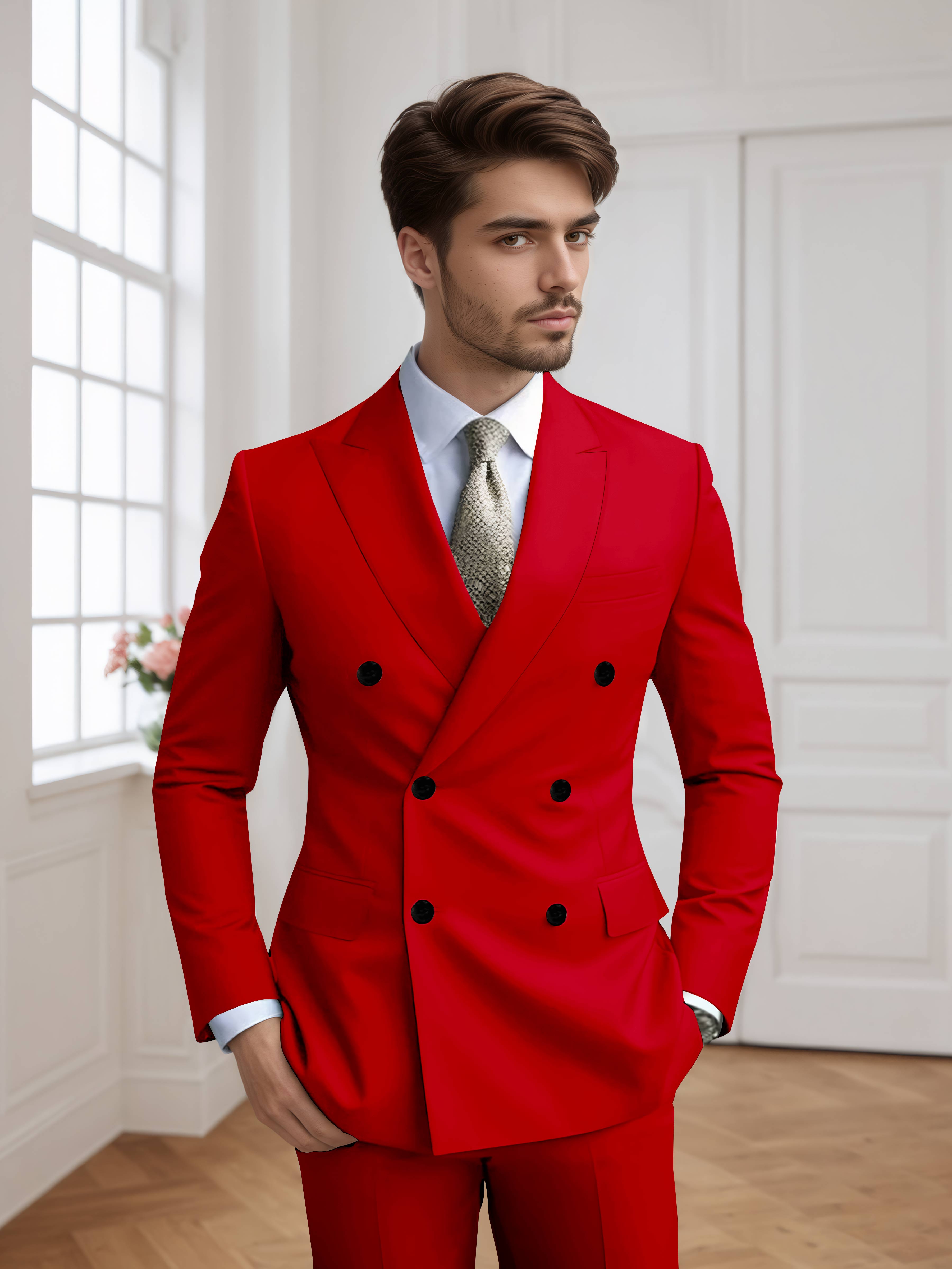 Men's Slim Fit Double Breasted Six-Buttons 2 Pieces Occasion Suits