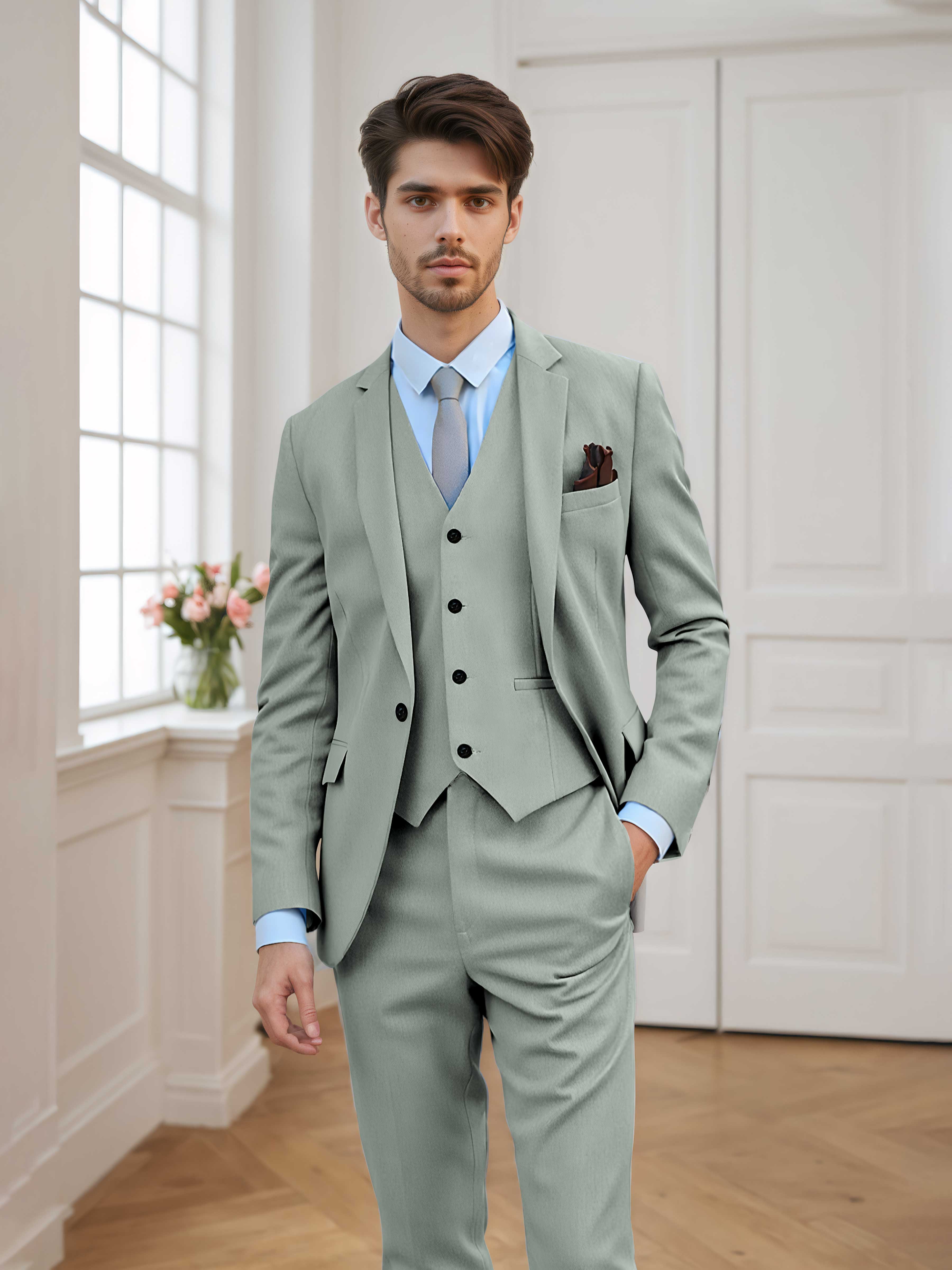 Chic Men's Tailored Fit One Button 3 Pieces Formal Suits UK