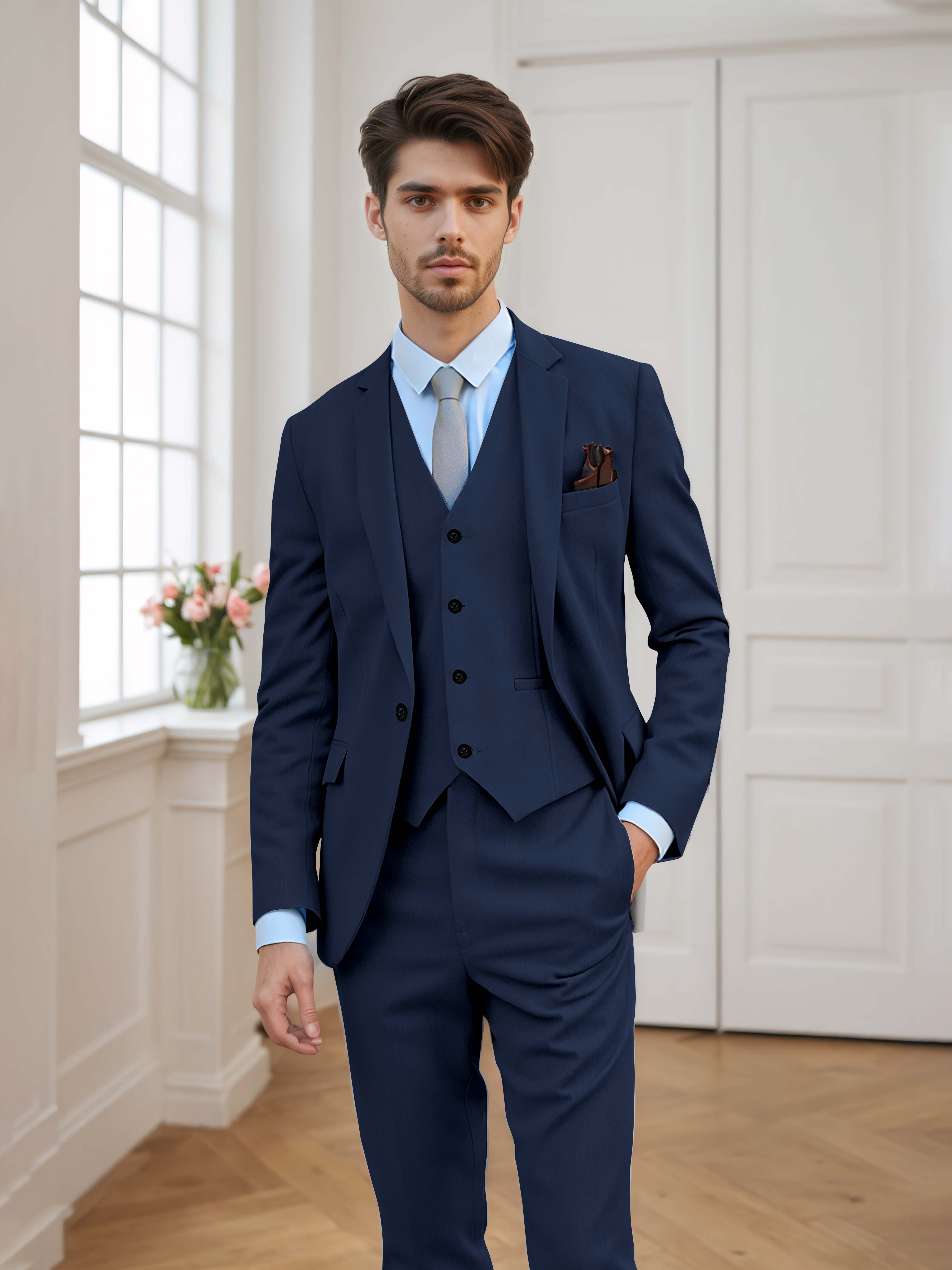 Chic Men's Tailored Fit One Button 3 Pieces Formal Suits UK