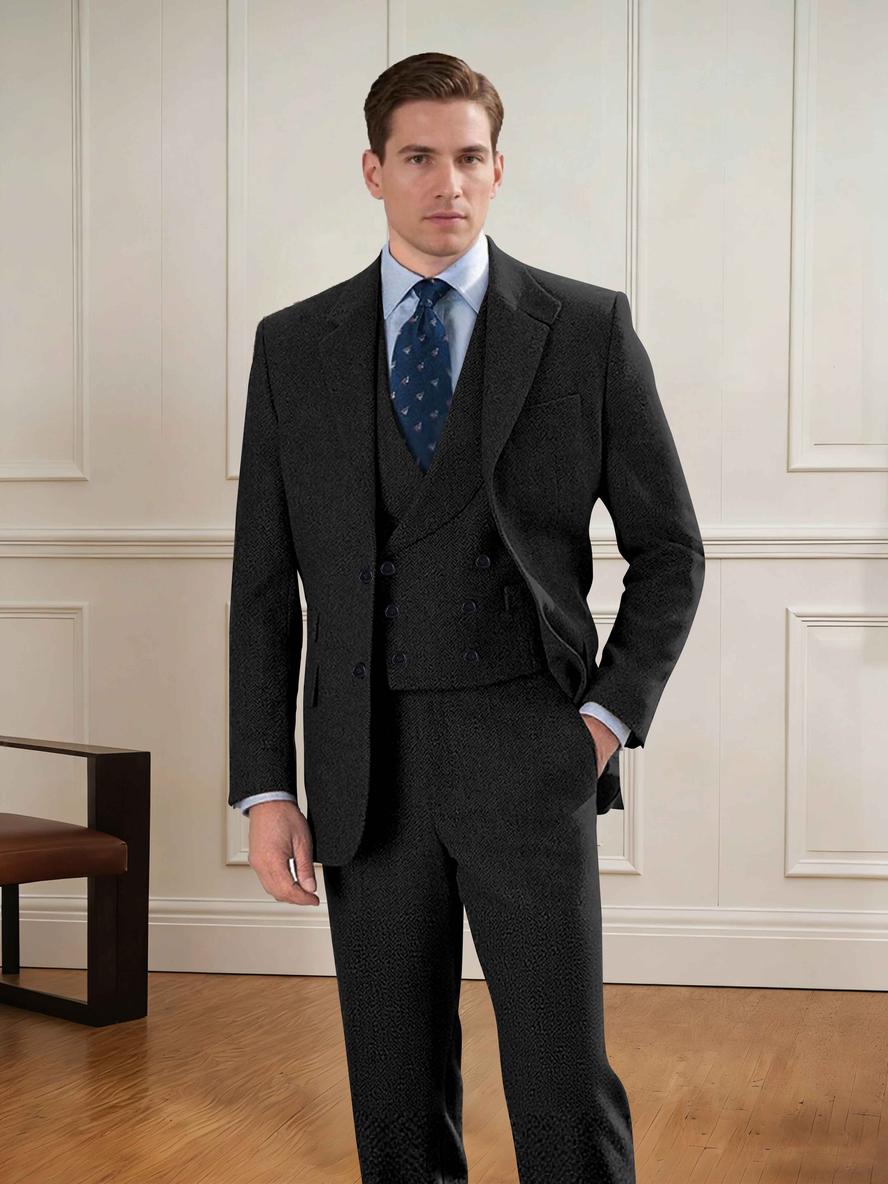 Classic 3 Pieces Herringbone Semi Men's Uni Notch Lapel Two Buttons Suit For Formal