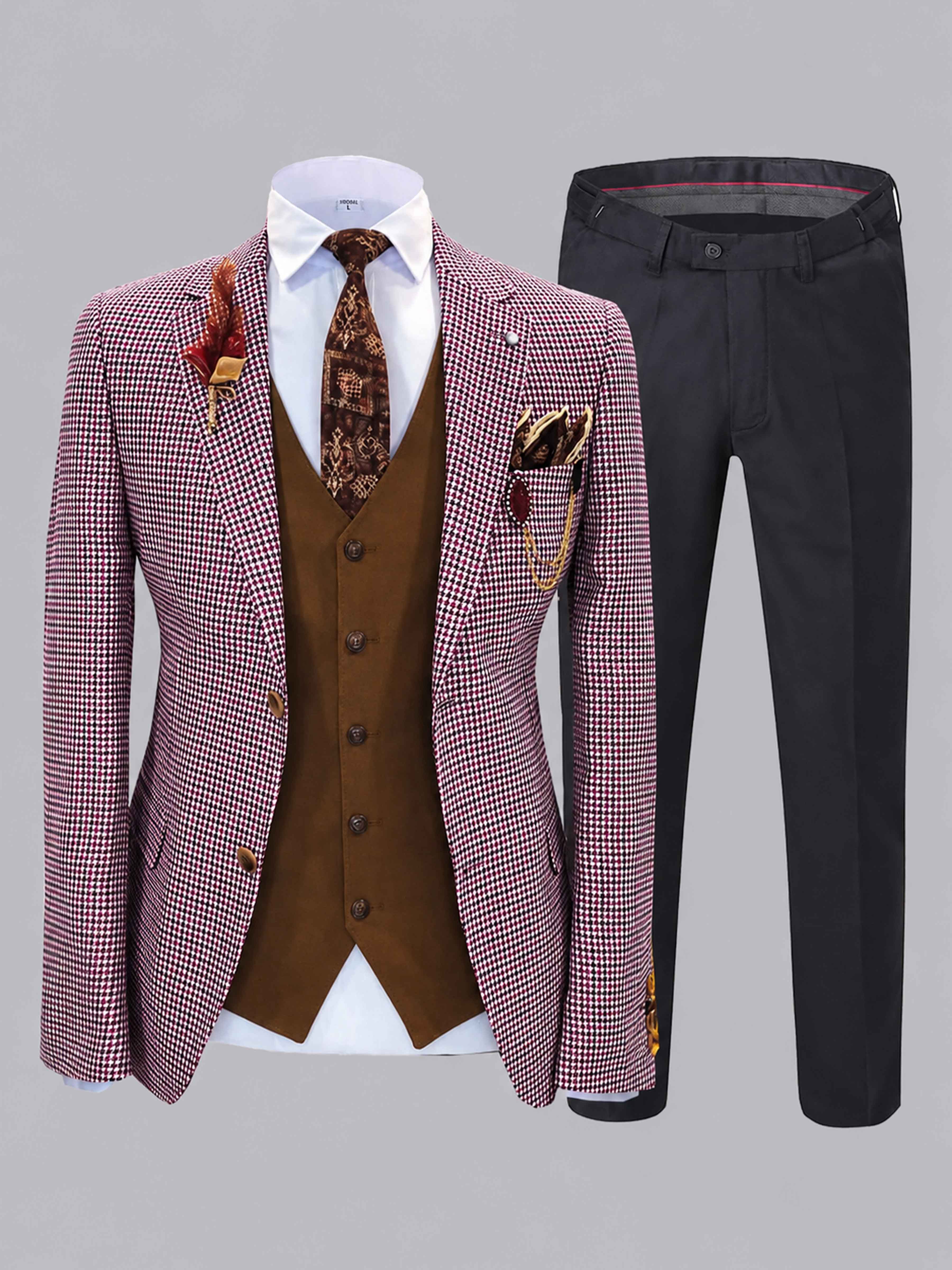 3 Pieces Men's Houndstooth Notch Lapel Two Buttons Suit UK