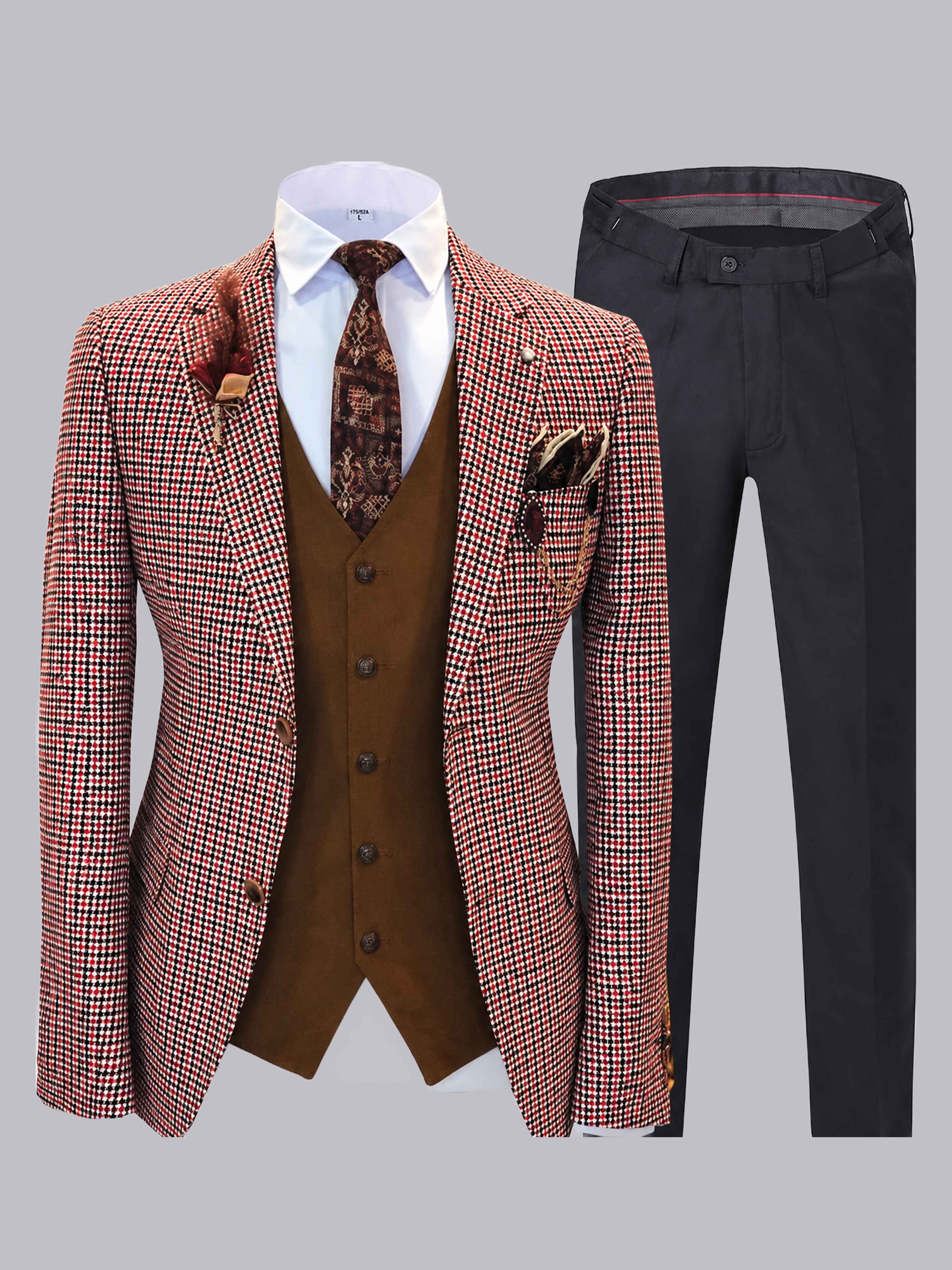 3 Pieces Men's Houndstooth Notch Lapel Two Buttons Suit UK
