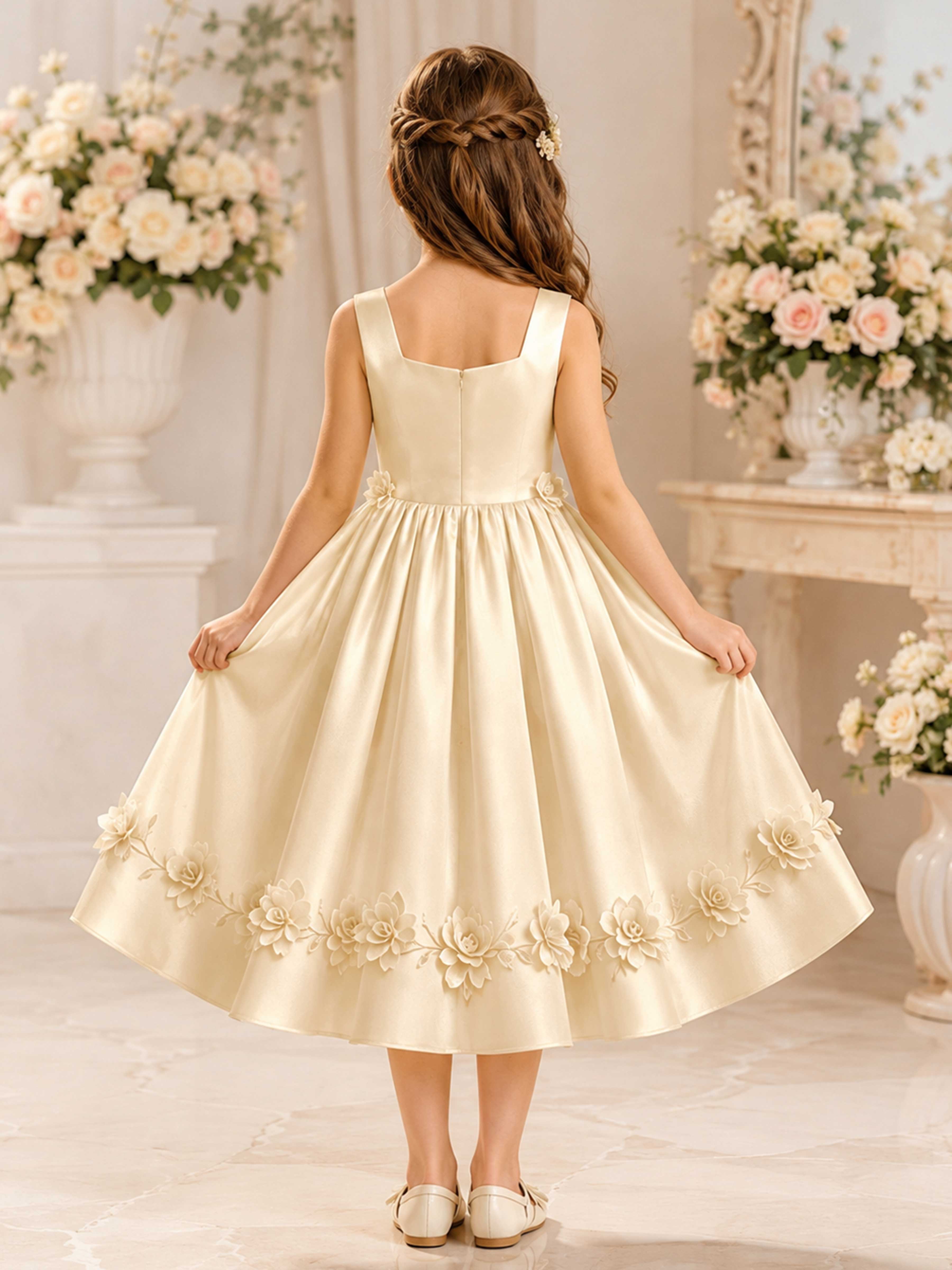 Elegant A-Line Floral Applique Satin Girl Dresses UK