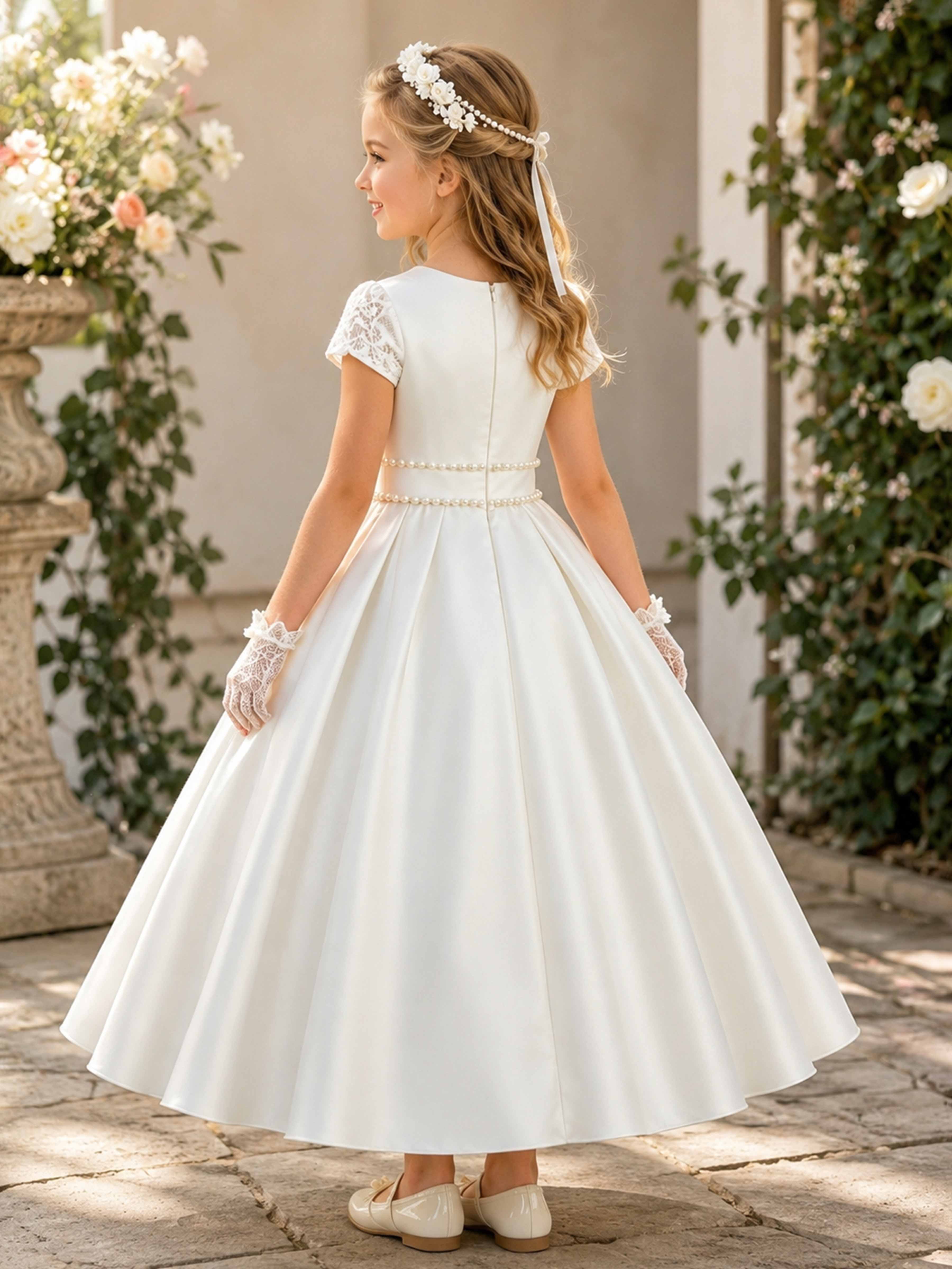 Charming A-Line Pearl Waist Satin Girl Dresses UK
