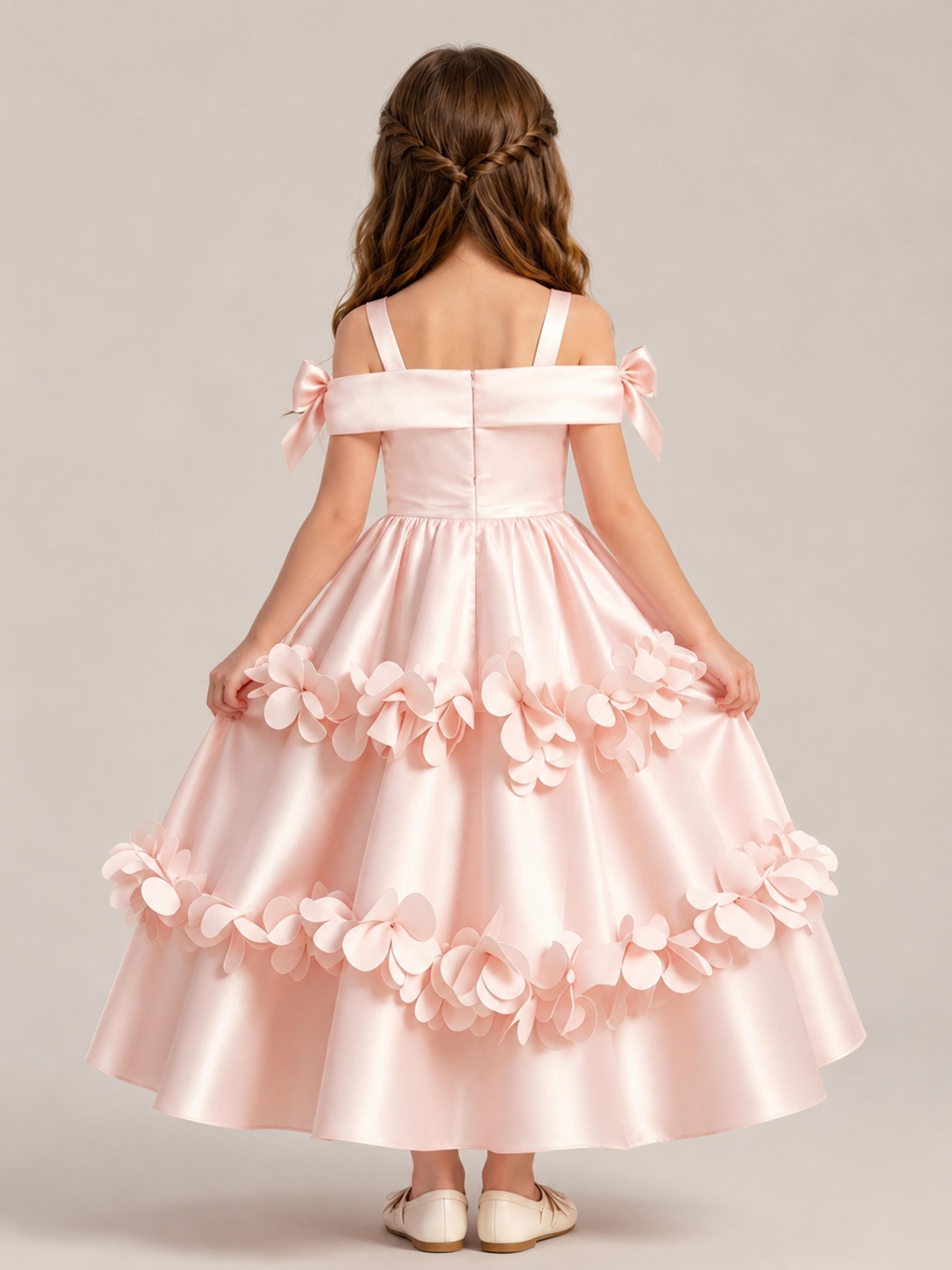 Elegant A-Line Off Shoulder 3D Flower Satin Flower Girl Dresses UK