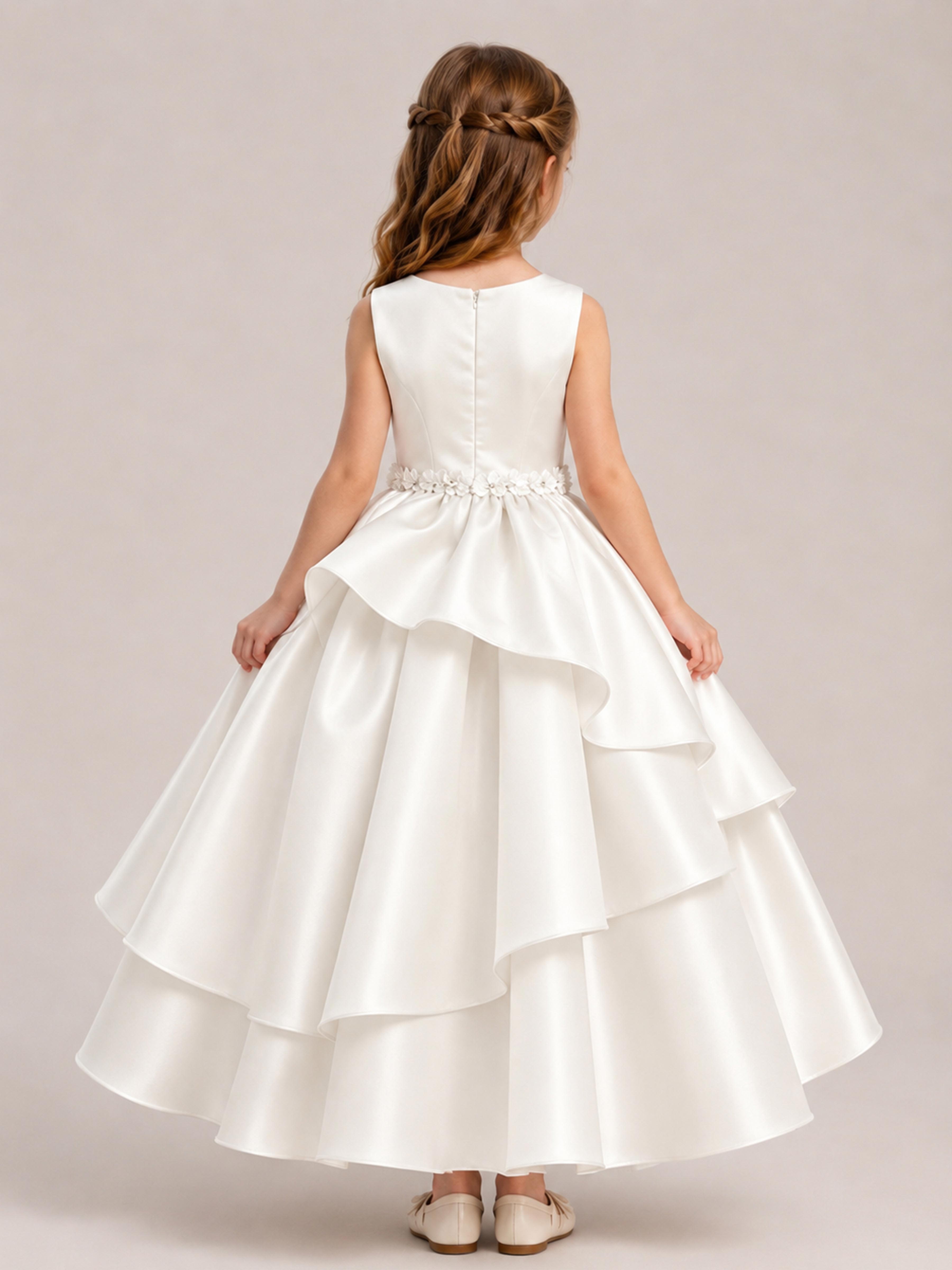 Elegant A-Line Sleeveless Tiered Satin Flower Girl Dresses UK