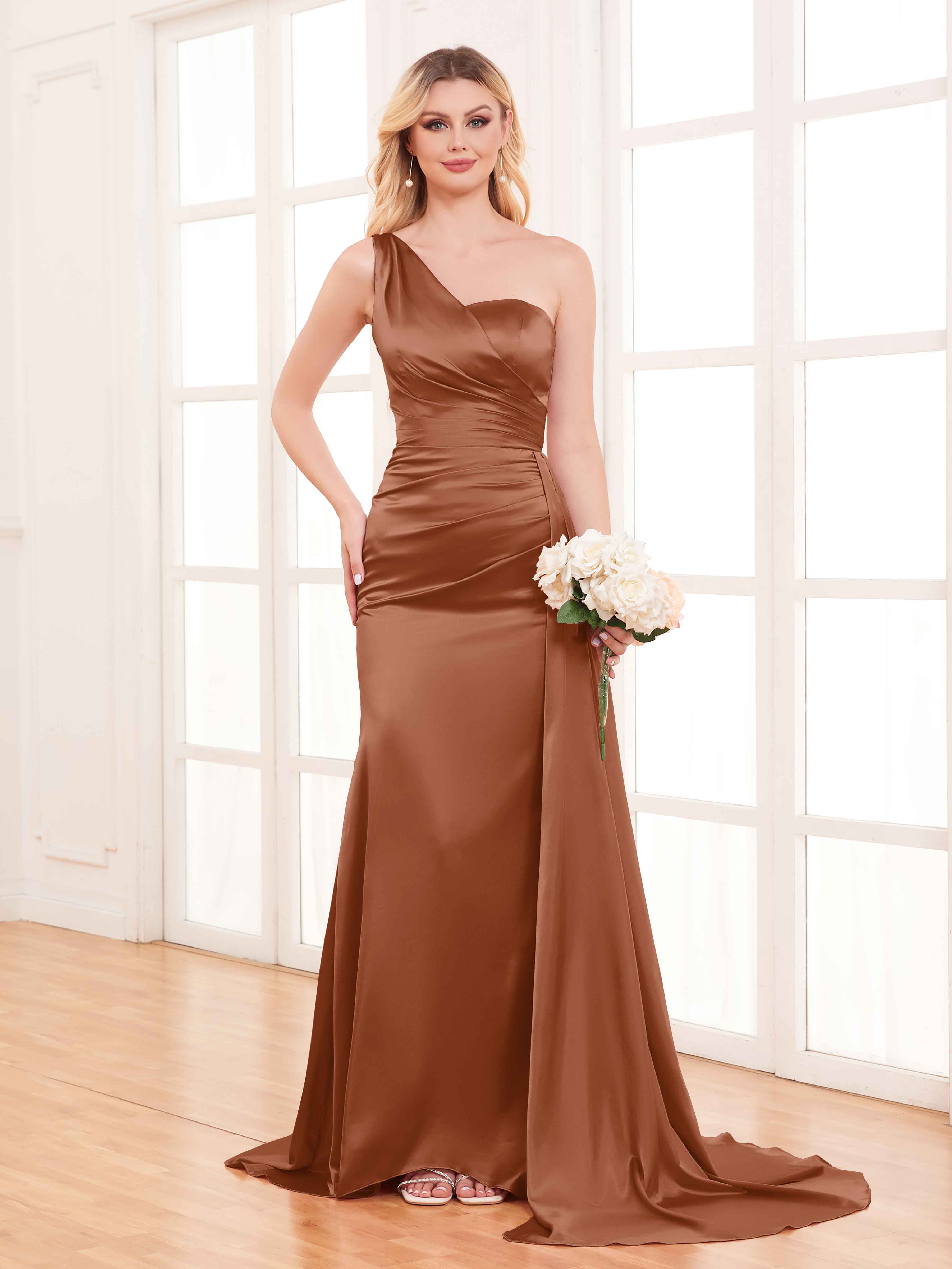 Blakely Gorgeous One Shoulder Sweep Train Satin Bridesmaid Dresses