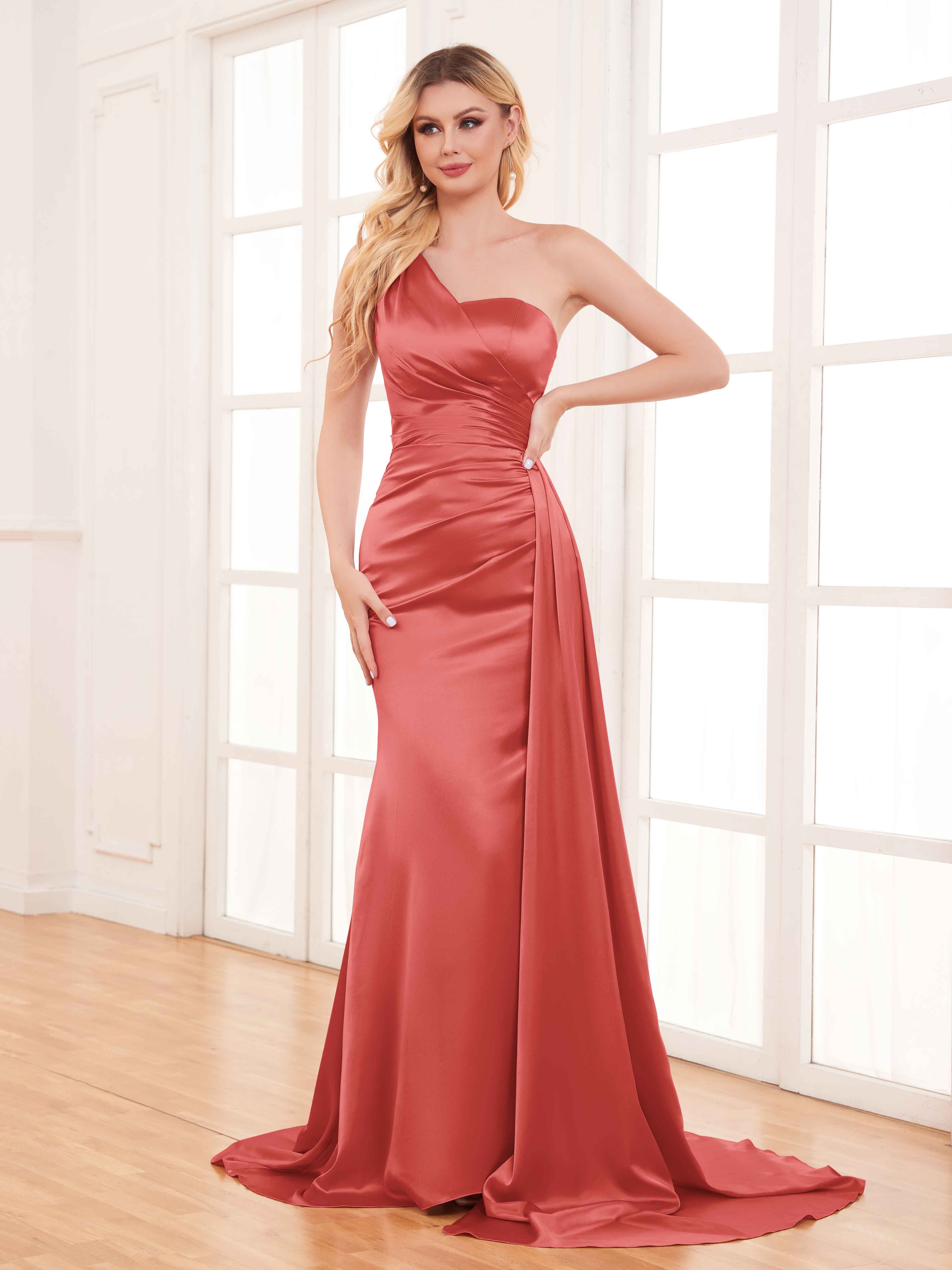 Blakely Gorgeous One Shoulder Sweep Train Satin Bridesmaid Dresses