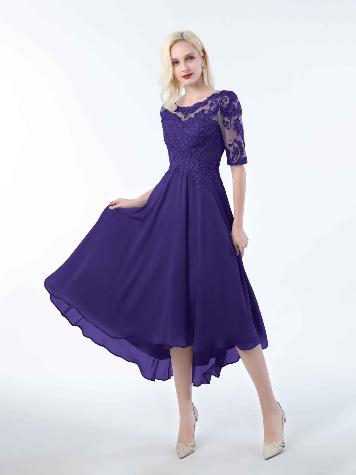 Regency Bridesmaid Dresses Tea-Length Short Sleeves Ruffles A-Line Stretch Satin Bridesmaid Dresses