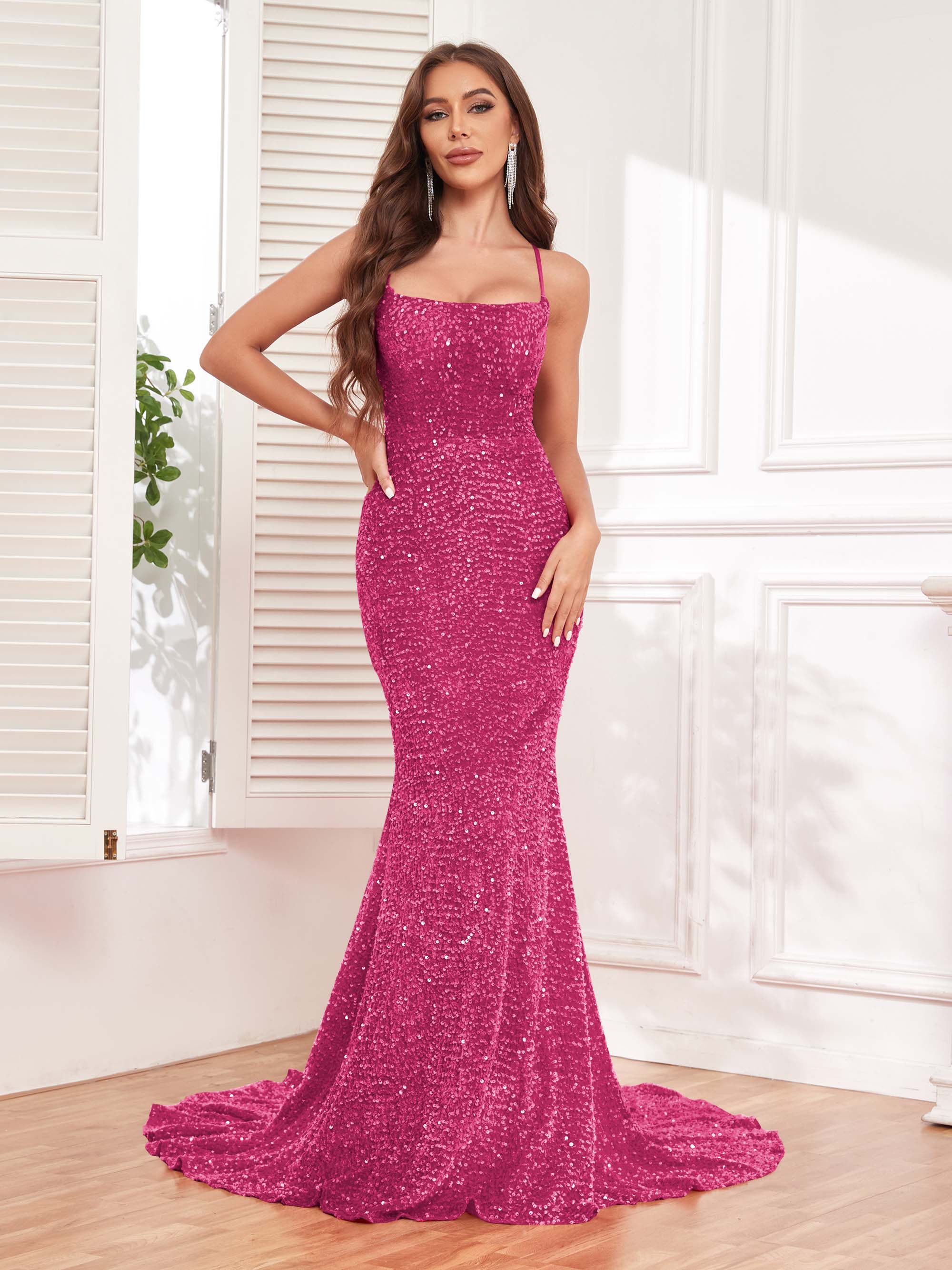 Cataleya Gorgeous Sleeveless Open Back Trumpet Sequins Party Dresses