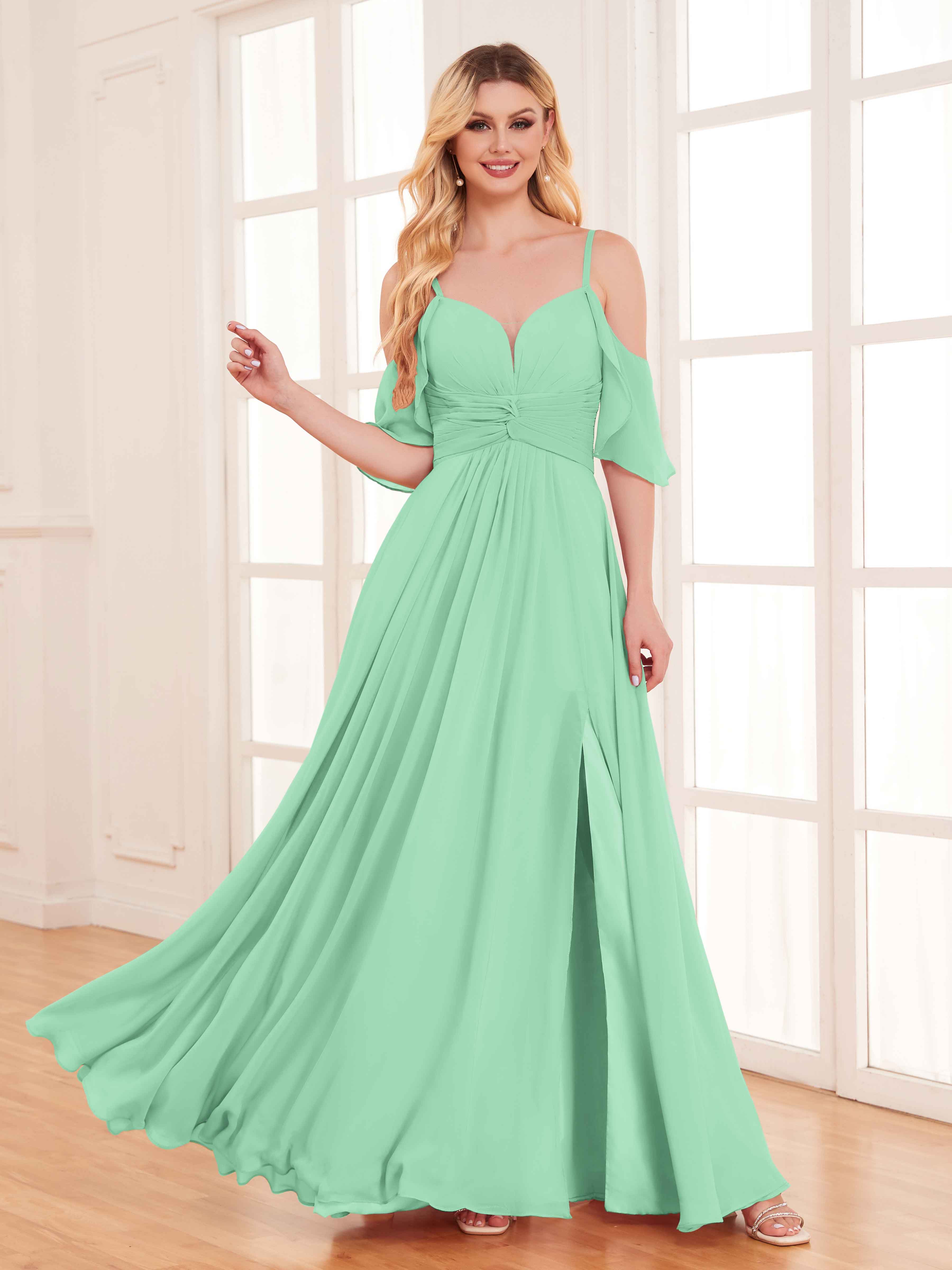 Charlie Unique V Neck Draped Sleeves Chiffon Bridesmaid Dresses